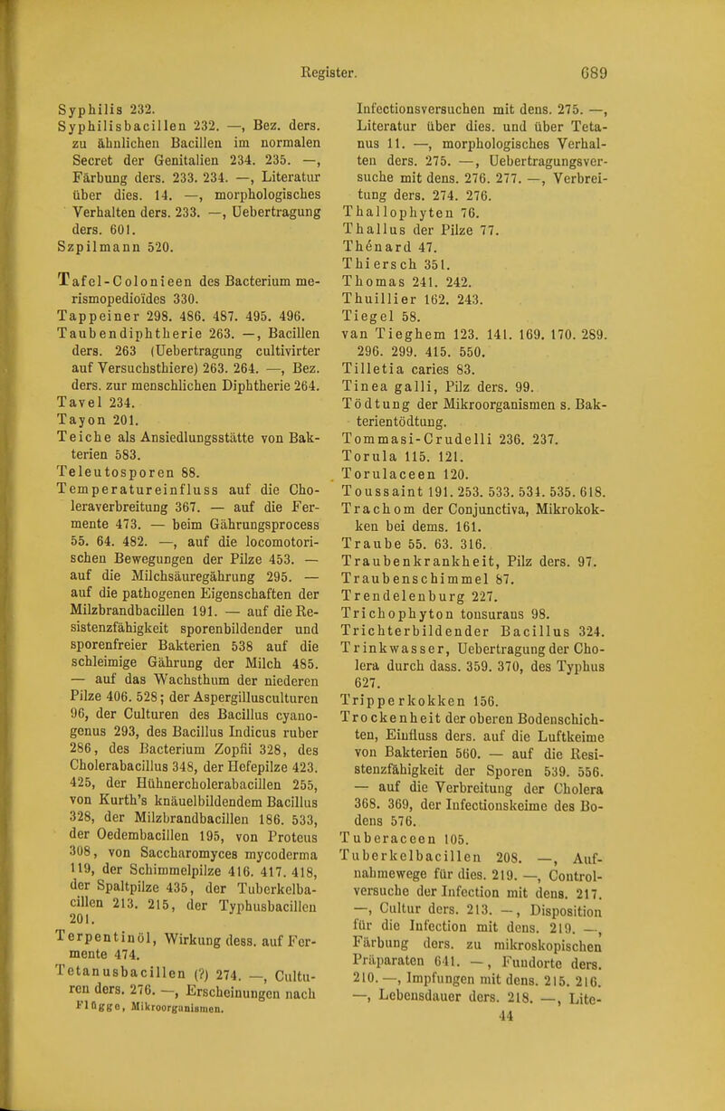 Syphilis 232. Syphilisbacillen 232. —, Bez. ders. zu ähnlichen Bacillen im normalen Secret der Genitalien 234. 235. —, Färbung ders. 233. 234. —, Literatur über dies. 14. —, morphologisches Verhalten ders. 233. —, üebertragung ders. 601. Szpilmann 520. Tafel-Col onieen des Bacterium me- rismopedio'ides 330. Tappeiner 298. 486. 487. 495. 496. Taubendiphtherie 263. —, Bacillen ders. 263 (üebertragung cultivirter auf Versuchsthiere) 263. 264. —, Bez. ders. zur menschlichen Diphtherie 264. Tavel 234. Tayon 201. Teiche als Ansiedlungsstätte von Bak- terien 583. Teleutosporen 88. Temperatureinfluss auf die Cho- leraverbreitung 367. — auf die Fer- mente 473. — beim Gährungsprocess 55. 64. 482. —, auf die locomotori- schen Bewegungen der Pilze 453. — auf die Milchsäuregährung 295. — auf die pathogenen Eigenschaften der Milzbrandbacillen 191. — auf die Re- sistenzfähigkeit sporenbildender und sporenfreier Bakterien 538 auf die schleimige Gährung der Milch 485. — auf das Wachsthum der niederen Pilze 406. 528; der Aspergillusculturen 96, der Culturen des Bacillus cyano- genus 293, des Bacillus Indicus ruber 286, des Bacterium Zopfii 328, des Cholerabacillus 348, der Hefepilze 423. 425, der Hühnercholerabacillen 255, von Kurth's knäuelbildendem Bacillus 328, der Milzbrandbacillen 186. 533, der Oedembacillen 195, von Proteus 308, von Saccharomyces mycoderma 119, der Schimmelpilze 416. 417. 418, der Spaltpilze 435, der Tuberkelba- cillen 213. 215, der Typhusbacilleu 201. Terpentinöl, Wirkung dess. auf Fer- mente 474. Tetanusbacillen (?) 274. —, Cultu- ren ders. 276. —, Erscheinungen nach FlOggo, Mikroorganismen. Infectionsversuchen mit dens. 275. —, Literatur über dies, und über Teta- nus 11. —, morphologisches Verhal- ten ders. 275. —, Uebertragungsver- suche mit dens. 276. 277. —, Verbrei- tung ders. 274. 276. Thallophyten 76. Thallus der Pilze 77. Th6nard 47. Thiersch 351. Thomas 241. 242. Thuillier 162. 243. Tiegel 58. van Tieghem 123. 141. 169. 170. 289. 296. 299. 415. 550. Tilletia caries 83. Tinea galli, Pilz ders. 99. Tödtung der Mikroorganismen s. Bak- terientödtung. Tommasi-Crudelli 236. 237. Torula 115. 121. Torulaceen 120. Toussaint 191. 253. 533. 531. 535. 618. Trachom der Conjunctiva, Mikrokok- ken bei dems. 161. Traube 55. 63. 316. Traubenkrankheit, Pilz ders. 97. Traubenschimmel 87. Trendelenburg 227. Trichophyton tonsurans 98. Trichterbildender Bacillus 324. Trinkwasser, üebertragung der Cho- lera durch dass. 359. 370, des Typhus 627. Trippe r kokken 156. Trockenheit der oberen Bodenschich- ten, Eiufluss ders. auf die Luftkeime von Bakterien 560. — auf die Resi- stenzfähigkeit der Sporen 539. 556. — auf die Verbreitung der Cholera 368. 369, der Iufectionskeime des Bo- dens 576. Tuberaceen 105. Tuberkelbacillen 208. —, Auf- nahmewege für dies. 219. —, Control- versuche derlnfection mit dens. 217. —, Cultur ders. 213. -, Disposition für die lufection mit dens. 219. —, Färbung ders. zu mikroskopischen Präparaten 641. —, Fundorte ders. 210. —, Impfungen mit dens. 215. 216. —, Lebensdauer ders. 218. —, Litc- 44