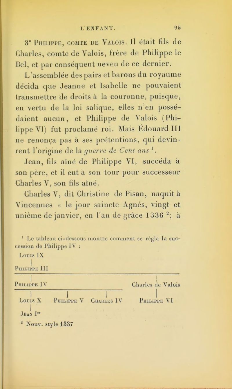3° Philippe, comte de Valois. Il était fils de Charles, comte de Valois, frère de Philippe le Bel, et par conséquent neveu de ce dernier. L'assemblée des pairs et barons du royaume décida que Jeanne et Isabelle ne pouvaient transmettre de droits à la couronne, puisque, en vertu de la loi salique, elles n'en possé- daient aucun, et Philippe de Valois (Phi- lippe VI) fut proclamé roi. Mais Édouard III ne renonça pus à ses prétentions, qui devin- rent 1 origine de la guerre de Cent ans '. Jean, fils aîné de Philippe VI, succéda à son père, et il eut à son tour pour successeur Charles V, son fils aîné. Charles V, dit Christine de Pisan, naquit à Vincennes « le jour saincte Agnès, vingt et unième de janvier, en l'an de grâce 1336 2; à ' Le tableau ci-dessous montre comment se rcyla la suc- cession de Philippe IV : Louis IX I PlIlLIPPK 11 I I ! Philippe I\ Charles de Valois Loris X Philippe V CiunLKS IV Philippe VI I Jkan Ier a INouv. style 1337