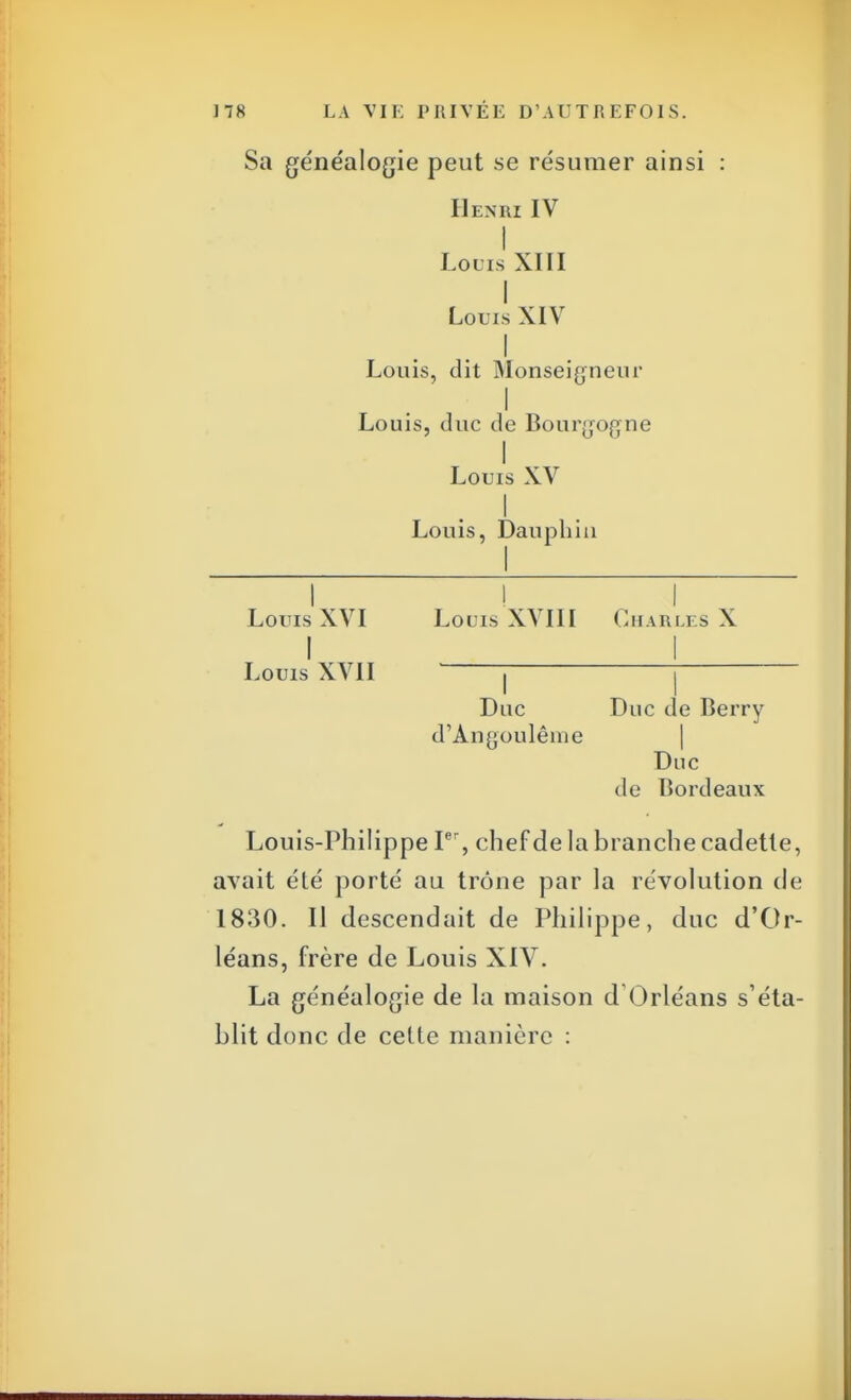 Sa généalogie peut se résumer ainsi : Il en ni IV I Lodis XIII I Louis XIV I Louis, dit Monseigneur I Louis, duc de Bourgogne I Louis XV I Louis, Dauphin r n~ ' i  Louis XVI Lodis XVIII Charles X l , ! Loms XVII j 1 Duc Duc de Berry d'Àngoulême Duc de Bordeaux Louis-Philippe Ier, chef de la branche cadette, avait été porté au trône par la révolution de 1830. Il descendait de Philippe, duc d'Or- léans, frère de Louis XIV. La généalogie de la maison d'Orléans s'éta- blit donc de celte manière :