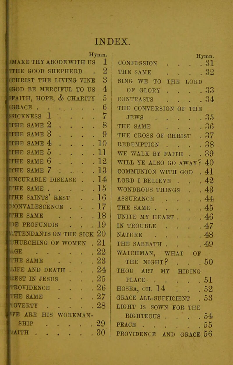 kUAirir TU V A n ATM? TOTTtT fJO xJHAivCj IrLX AijUJ-'rj Wllxl Ufa 1 X j CONFESSION . , . . 31 fTTTT? r'nA'n CTJT'DTTT'DTi 1 Jl XI Cj uUUJJ oxIXi-rxlJijKU , o j THE SAME . . . . 82 q O SING WE TO THE LORD miiJlJ iii^i MJljxtt/ir UJj lU U& A. OF GLORY . . . . fWAT'PTT TTAD1? At nXTA'DTT^V FrAllHj HUirJli, Ou LrlAKll I K O CONTRASTS . . . . 0 A i)4 CnV APT? a u THE CONVERSION OF THE Ji.i>r!job -J. . . . , 17 t JEWS 35 rrWP Q A ATT? Q Q 0 THE SAME . . . . 36 rrm? q a att? Q Q y THE CROSS OF CHRIST . 37 1 A EEDEMPTION . . . . 38 rrUTP OA ATT? ^ 11 WE WALK BY FAITH . . 39 11±1J!j oAJUxi U . . . . 1<2 WILL YE ALSO GO AWAY? 40 rinni? c a att' V [ LJtlilj aAJVlJjj / . , . 1 Q lo COMMUNION WITH GOD . 41 raCUEABLE DISEASE . . 14 LORD I BELIEVE . 42 r'HE SAME 15 WONDROUS THINGS . . 43 rrHE saints' best . . 16 ASSUEANCE . . . . 44 : iOIiVAlESCENCE . 17 THE SAME 45 ■^HE SAME .... 18 UNITE MY HEART . 46 PROFUNDIS . . 19 IN TROUBLE .... 47 l.TTENDANTS ON THE SICK 20 NATURE 48 ' JHUECHING OF WOMEN . 21 THE SABBATH .... 49 >iGE 22 WATCHMAN, WHAT OF HE SAME .... 23 THE NIGHT? . . . 50 JFE AND DEATH . . . 24 THOU ART MY HIDING UEST IN JESUS 25 PLACE 51 I'EOVIDENCE .... 26 HOSEA, CH. ]4 . . . 52 l-HE SAME .... 27 GRACE ALL-SUFFICIENT . 53 'OVEETT 28 LIGHT IS SOWN FOR THE fTE ARE HIS WORKMAN- RIGHTEOUS . . . . 54 SHIP 29 PEACE 55 ^AITH 30 PROVIDENCE AND GRACE 56