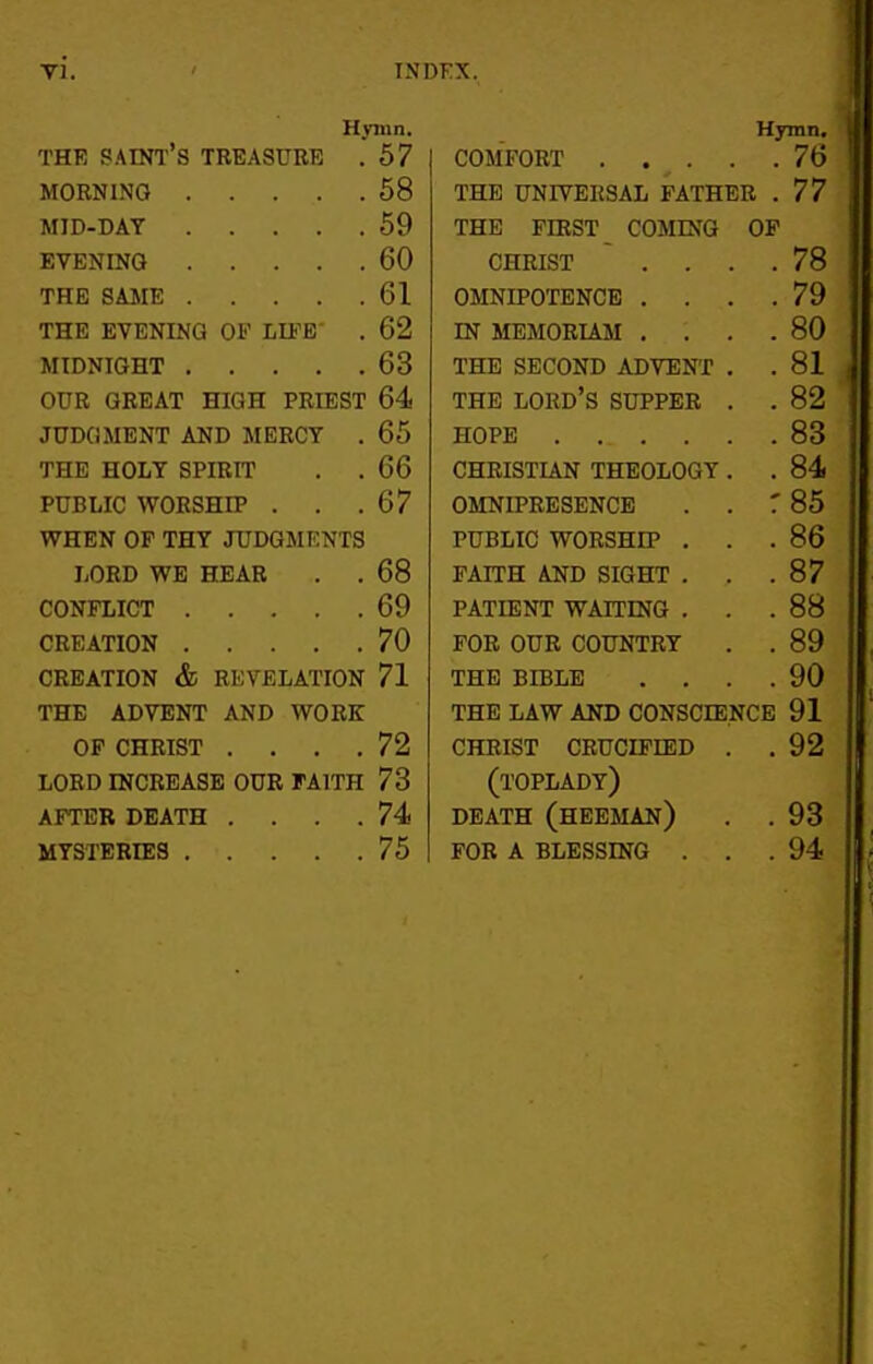 Yl. IN DFX. Hyinn. THE paint's treasure . 57 MORNING 58 MID-DAY 59 EVENING 60 THE SAME 61 THE EVENING OF LIFfi- . 62 MIDNIGHT 63 OUR GREAT HIGH PRIEST 64 JUDGMENT AND MERCY . 65 THE HOLY SPIRIT . . 66 PUBLIC WORSHIP . . .67 WHEN OF THY JUDGMENTS LORD WE HEAR . . 68 CONFLICT 69 CREATION 70 CREATION & REVELATION 71 THE ADVENT AND WORK OF CHRIST .... 72 LORD INCREASE OUR FAITH 73 AFTER DEATH .... 74 MYSTERIES 75 Hymn. COMFORT . . . . .76 THE UNIVERSAL FATHER . 77 THE FIRST COMING OP CHRIST .... 78 OMNIPOTENCE .... 79 m MEMORIAM .... 80 THE SECOND ADVENT . .81 THE lord's SUPPER . . 82 HOPE 83 CHRISTIAN THEOLOGY . . 84 OMNIPRESENCE . . T 85 PUBLIC WORSHIP ... 86 FAITH AND SIGHT . . .87 PATIENT wArrmG ... 88 for our country . .89 the bible .... 90 the law and conscience 91 christ crucified . .92 (toplady) DEATH (hEEMAN) . .93 FOR A BLESSING ... 94