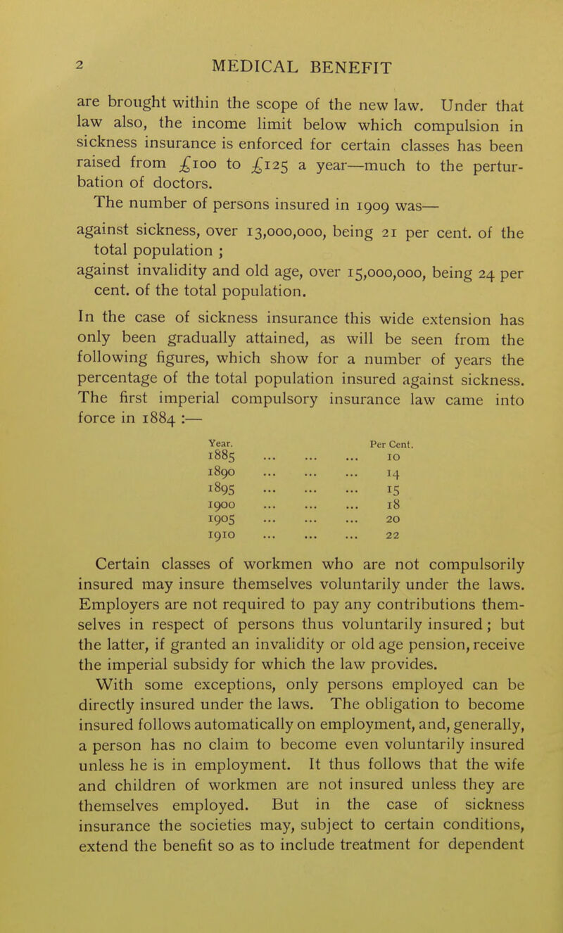 are brought within the scope of the new law. Under that law also, the income limit below which compulsion in sickness insurance is enforced for certain classes has been raised from ^^loo to £12^ a year—much to the pertur- bation of doctors. The number of persons insured in 1909 was— against sickness, over 13,000,000, being 21 per cent, of the total population ; against invalidity and old age, over 15,000,000, being 24 per cent, of the total population. In the case of sickness insurance this wide extension has only been gradually attained, as will be seen from the following figures, which show for a number of years the percentage of the total population insured against sickness. The first imperial compulsory insurance law came into force in 1884 :— Year. Per Cent. 1885 ... ... ... 10 1890 14 1895 15 1900 18 1905 20 I9IO 22 Certain classes of workmen who are not compulsorily insured may insure themselves voluntarily under the laws. Employers are not required to pay any contributions them- selves in respect of persons thus voluntarily insured; but the latter, if granted an invalidity or old age pension, receive the imperial subsidy for which the law provides. With some exceptions, only persons employed can be directly insured under the laws. The obligation to become insured follows automatically on employment, and, generally, a person has no claim to become even voluntarily insured unless he is in employment. It thus follows that the wife and children of workmen are not insured unless they are themselves employed. But in the case of sickness insurance the societies may, subject to certain conditions, extend the benefit so as to include treatment for dependent