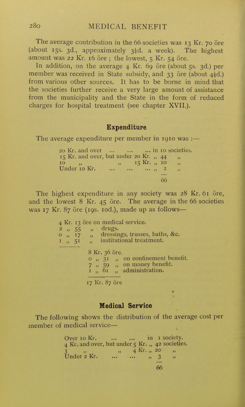 The average contribution in the 66 societies was 13 Kr. 70 ore (about 15s. 3d., approximately 3id. a week). The highest amount was 22 Kr. 16 ore ; the lowest, 5 Kr. 54 ore. In addition, on the average 4 Kr. 69 ore (about 5s. 3d.) per member was received in State subsidy, and 33 5re (about 4id.) from various other sources. It has to be borne in mind that the societies further receive a very large amount of assistance from the municipaUty and the State in the form of reduced charges for hospital treatment (see chapter XVII.). Expenditure The average expenditure per member in 1910 was :— 20 Kr. and over in 10 societies. 15 Kr. and over, but under 20 Kr. ,, 44 „ 10 „ „ 15 Kr. „ 10 Under 10 Kr. ,, 2 66 The highest expenditure in any society was 28 Kr. 61 ore, and the lowest 8 Kr. 45 ore. The average in the 66 societies was 17 Kr. 87 ore (19s. lod.), made up as follows— 4 Kr. 13 ore on medical service. 2 „ 55 » drugs. 0 „ 17 „ dressings, trusses, baths, &c. 1 „ 51 „ institutional treatment. 8 Kr. 36 ore. 0 „ 31 ,, on confinement benefit. 7 » 59 .) on money benefit. 1 „ 61 „ administration. 17 Kr. 87 ore Medical Service The following shows the distribution of the average cost per member of medical service— Over 10 Kr. in i society. 4 Kr. and over, but under 5 Kr. „ 42 societies. 3 „ M 4 I^i'- » 20 Under 2 Kr „ 3 66