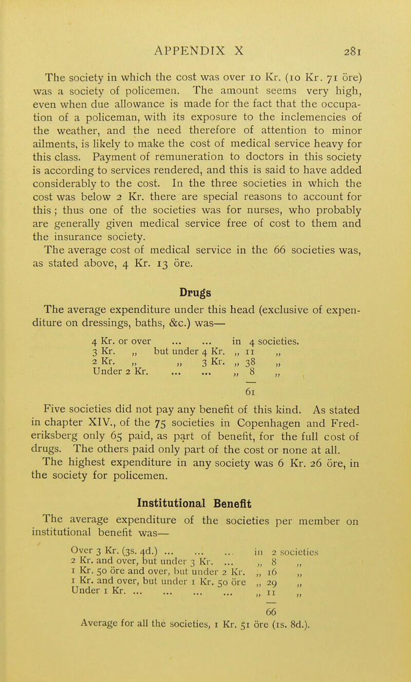 The society in which the cost was over 10 Kr. (10 Kr. 71 5re) was a society of policemen. The amount seems very high, even when due allowance is made for the fact that the occupa- tion of a policeman, with its exposure to the inclemencies of the weather, and the need therefore of attention to minor ailments, is likely to make the cost of medical service heavy for this class. Payment of remuneration to doctors in this society is according to services rendered, and this is said to have added considerably to the cost. In the three societies in which the cost was below 2 Kr. there are special reasons to account for this ; thus one of the societies was for nurses, who probably are generally given medical service free of cost to them and the insurance society. The average cost of medical service in the 66 societies was, as stated above, 4 Kr. 13 ore. Drugs The average expenditure under this head (exclusive of expen- diture on dressings, baths, &c.) was— 4 Kr. or over in 4 societies. 3 Kr. „ but under 4 Kr. „ 11 „ 2 Kr. „ „ 3 Kr. „ 38 Under 2 Kr „ 8 „ 61 Five societies did not pay any benefit of this kind. As stated in chapter XIV., of the 75 societies in Copenhagen and Fred- eriksberg only 65 paid, as part of benefit, for the full cost of drugs. The others paid only part of the cost or none at all. The highest expenditure in any society was 6 Kr. 26 ore, in the society for policemen. Institutional Benefit The average expenditure of the societies per member on institutional benefit was— Over 3 Kr. (3s. 4d.) in 2 societies 2 Kr. and over, but under 3 Kr. ... „ 8 „ I Kr. 50 ore and over, but under 2 Kr. „ 16 „ I Kr. and over, but under i Kr. 50 ore „ 29 „ Under i Kr 11 66 Average for all the societies, i Kr. 51 ore (is. 8d.).