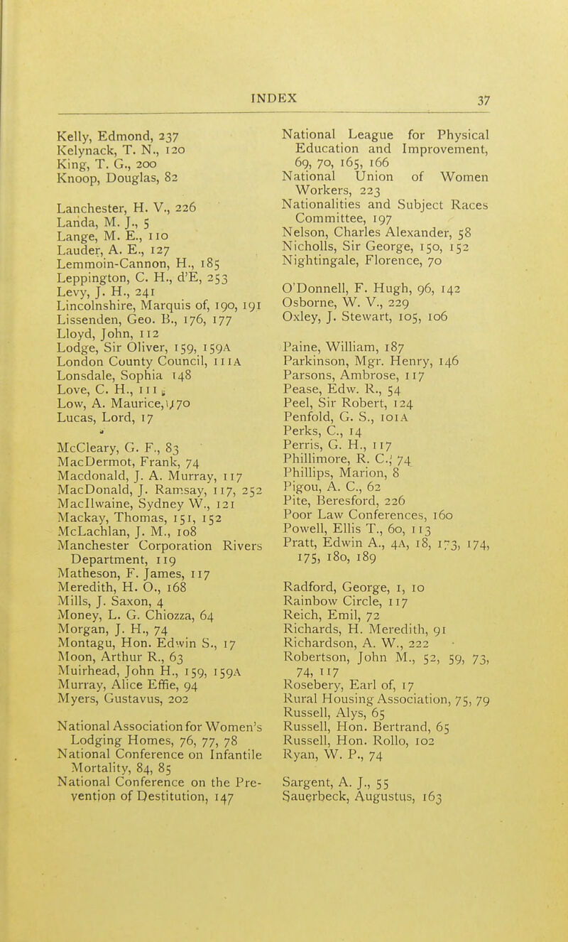 Kelly, Edmond, 237 Kelynack, T. N., 120 King, T. G., 200 Knoop, Douglas, 82 Lanchester, H. V., 226 Larida, M. J., 5 Lange, M. E., no Lauder, A. E., 127 Lemmoin-Cannon, H., 185 Leppington, C. H., d'E, 253 Levy, J. H., 241 Lincolnshire, Marquis of, 190, igi Lissenden, Geo. B., 176, 177 Lloyd, John, 112 Lodge, Sir Oliver, 159, 159A London County Council, iiiA Lonsdale, Sophia 148 Love, C. H., 111 s Low, A. Maurice,\; 70 Lucas, Lord, 17 McCleary, G. F., 83 MacDermot, Frank, 74 Macdonald, J. A. Murray, 117 MacDonald, J. Ramsay, 117, 252 Macllwaine, Sydney W., 121 Mackay, Thomas, 151, 152 McLachlan, J. M., 108 Manchester Corporation Rivers Department, 119 Matheson, F. James, 117 Meredith, H. O., 168 Mills, J. Saxon, 4 Money, L. G. Chiozza, 64 Morgan, J. H., 74 Montagu, Hon. Edwin S., 17 Moon, Arthur R., 63 Muirhead, John H., 159, 159A Murray, Alice Effie, 94 Myers, Gustavus, 202 National Association for Women's Lodging Homes, 76, 77, 78 National Conference on Infantile Mortality, 84, 85 National Conference on the Pre- vention of Destitution, 147 National League for Physical Education and Improvement, 69, 70, 165, 166 National Union of Women Workers, 223 Nationalities and Subject Races Committee, 197 Nelson, Charles Alexander, 58 NichoUs, Sir George, 150, 152 Nightingale, Florence, 70 O'Donnell, F. Hugh, 96, 142 Osborne, W. V., 229 Oxley, J. Stewart, 105, 106 Paine, William, 187 Parkinson, Mgr. Henry, 146 Parsons, Ambrose, 117 Pease, Edw. R., 54 Peel, Sir Robert, 124 Penfold, G. S., loiA Perks, C., 14 Perris, G. H., 117 Phillimore, R. C.,' 74 Phillips, Marion, 8 Pigou, A. C, 62 Pite, Beresford, 226 Poor Law Conferences, 160 Powell, Ellis T., 60, 113 Pratt, Edwin A., 4A, 18, 173, 174, 175, 180, 189 Radford, George, i, 10 Rainbow Circle, 117 Reich, Emil, 72 Richards, H. Meredith, gi Richardson, A. W., 222 Robertson, John M., 52, 59, 73, 74, 117 Rosebery, Earl of, 17 Rural Housing Association, 75, 79 Russell, Alys, 65 Russell, Hon. Bertrand, 65 Russell, Hon. Rollo, 102 Ryan, W. P., 74 Sargent, A. J., 55 Sauerbeck, Augustus, 163