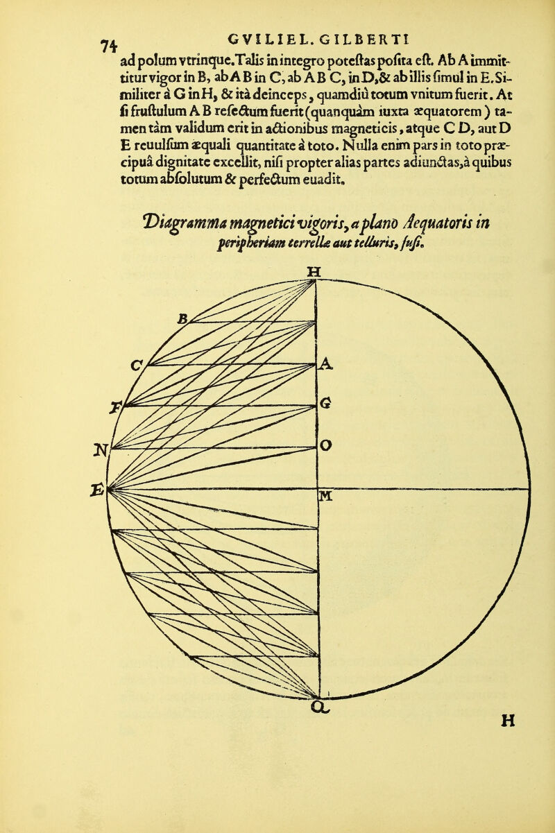 ad poîum vtrintjue.Talis mintegro potcftaspofîta eft. Ab Aimmît- titur vigor in B, abA B in C, ab AB C, inD,& abillis ûmd in E^Si- militer à G inH, & itàdcînccps, «^uamdiû totum vnitum fiierit. Ac fifruftuIumABrefcâ;umiuertt(quanquâm iuxta sequatorem) ta- mcn tâm vaîidum crit in aâionibus magncticis, atqac C D, aut D E rcuulfûm «quali quantitate à toto. Nulla enim pars io totoprae- cipuâ dignitatc cxccllit, nifi propter alias partes âdiunâas^à quibus totum abfblutum & perfedum euadit, 7)iagrammamagneticivigorisyaplano Aequatoris in fmfheriam (emlU aut teihrispfujs. H