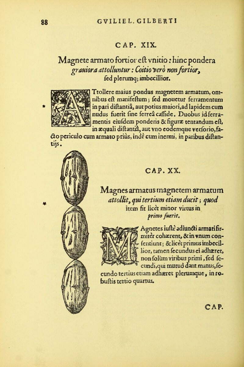 CAP. XÎX. Magnete armato fortîor eft vnido : hinc pondéra grauiora attoUmiur : Cokio '^ero nonfortior^ fcd pkruîn<3 ; imbcciilior. Ttoîîere mains pondas magnetcm armatum, om- nibus eil maBîfcftum ; fcd mouctur ferramentum in pari difî:antiâ^ autpotius n3aiori,ad îapidem cum nudus fucrit fine ferrcâcaffide, Duobus idferra- mentis eîufdem ponderis &%ur2e tcntandum cft, in aequalî difèantâ, aut voo eodem^îîe verfbriojfa- 6lo pcriculo cum armaîo prius» indé cum incrmij in paribus diftan* tijs. CAP» X X» nés armatus magnetem armatum IHt^ qui tertium etiam ducit i qmd \%Qm & licet minor virtiisia Primû fmtït^ Agnetes iuilèadîîln^i armatifîr- miîér cohaerent? ôcin f aum con- fcntiunî \ licespnmus imbcciî- Hoîî tamen i&condusd adhtircr, non (olùm viribus primi jièd fc- ciinds,qiîi munid dant maousafe- mitis taUQ quart us.