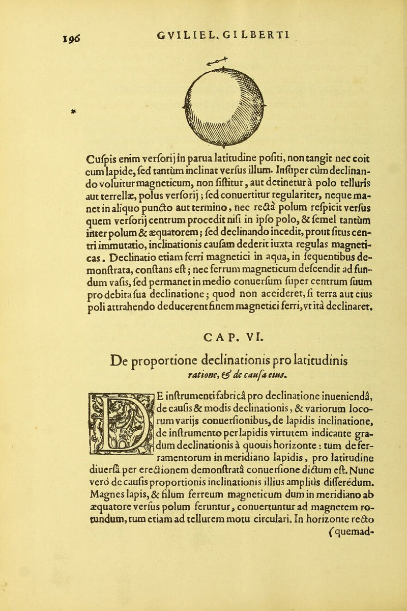 Cufpîs enim verforij in parua latitudine pofiti, nontangic nec coit cum lapide, fed tantùm inclinât verfus illum. Infîipcr cûmdeclinan- dovoluiturmagncticum, nonlîftitur,autdetineturà polo tclluris aut tcrrellac, pohis verforij ; fed conuertitur rcgulariter, ncque ma* nctinâlic[uopunâ:o aut termino, nec re&à poluna refpicit verfus qucm verforij centrumproccditnifi in ipfo polo, & femel tantùm iiîtcr polum & aequatorem j fed declinando inccdit, prout fitus cen* triimmutatio,inclinationiscau{âmdcdcritiuxta régulas magneti- cas . Declinatio ctiam ferri magnetici in aqua^in fequentibus de- monftrata, conftans eft j nec ferrum magneticum defcendit ad fun- dum vafis, fed permanetinmedio conuerfum fuper centrum fuum pro débitafua declinatione ; cjuod non accideret,lî terra aut cius poli attrahcndo deducerentfinenj magnetici ferri,vtîrâ declinarct, CAP. VL De proportione declinationisprolaticudinis rationCj de eau fa ems, E inftrumentifabricâ pro declinatione inueniendâ, decaufis& modis declinationis, & variorum loco- rumvarijs conuerfionibus,de lapidis inclinatione, deinftrumentopcrlapidis virtutem indicante gra- dum declinationis à quouishorizonte : tum defer- ramentoruni in mcridiano lapidis. pro latitudine diucr^er crcâionem demonftratâ conuedionedidum cft.Nunc vero dccaufisproportionis inclinationis illius ampliiis differédum. Magnes lapis, &filum ferreum magneticum dum in mcridiano ab aequatorc verfus polum feruntur,conuertunturad magnetcm ro- tundum, tum ctiam ad teilurcm motu circulari. In horizontc redo Cquemad*