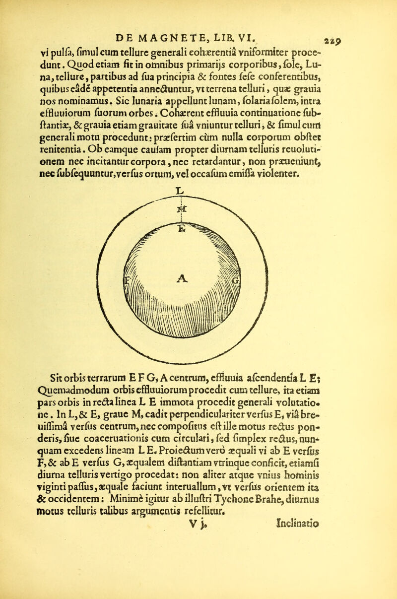 vi pulfâ, fimul cutn tellure géncrali eohaerentiâ vniformiter procc- dunt. Quodetiam fit in omnibus primarijs corporibus, foie, Lu- na,tellure, partibus ad Tua principia & fontes fefe confcrentibus, quibuscâdêappctcmiaanncâuntur,vtterrenateîluri, qux grauia nos nominamus. Sic lunaria appclluntlunam^folariafolem^intra effluuiorum fuoruni orbes * Cohaerent effluuia continuationc fub- ftantiaî, & grauia etiam grauitate iûâ vniuntur telluri > & (îmul cum gencralimotu procedunt praefcrtim cùm nulla corporum obftet renitentia. Ob eamque caufam propter diurnam telluris reuoluti- onem nec incitanturcorpora,nec rctardantur, non praeueniunt, nec rubrequuntur^verfus ortum, vel occafum emiflà violenter. Sitorbîsterraruiîi EFGjAcentrum,efHuuia afcendentiaLE? Quemadmodum orbis effluuiorum procedit cum tellure, ita etiam parsorbis inredalinea L E immota procedit gcneraîi volutatio* ne. In L,& E, grauc M, cadit pcrpendicuîaritcr vcrfus E< via bre- uiflîmâ verfus centrum, nec compofitus eftiiîe motus reâ:us pon- deris,fjue coaceruationis cum circularijfed (Impîex redus,nun-^ quam cxcedens lineam L E. Proiedumvero aequali vi ab E verflis F,& abE verfus G,acquaiem diftantiamvtrinqucconfîcîtaetîamfî diurna telluris vertigo procédât: non aliter atquc vnios hominis vigintipaflusjsequale faciunc interuallum,vt verfus oricntem ita & occidentem : Minimè igitur ab illuftri Tychonc Brahe, diurnus motus telluris talibus argumentis refeliitur.