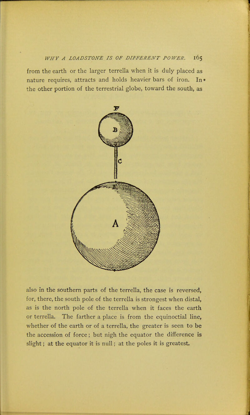 from the earth or the larger terrella when it is duly placed as nature requires, attracts and holds heavier bars of iron. In* the other portion of the terrestrial globe, toward the south, as also in the southern parts of the terrella, the case is reversed, for, there, the south pole of the terrella is strongest when distal, as is the north pole of the terrella when it faces the earth or terrella. The farther a place is from the equinoctial line, whether of the earth or of a terrella, the greater is seen to be the accession of force; but nigh the equator the difference is slight; at the equator it is null; at the poles it is greatest.