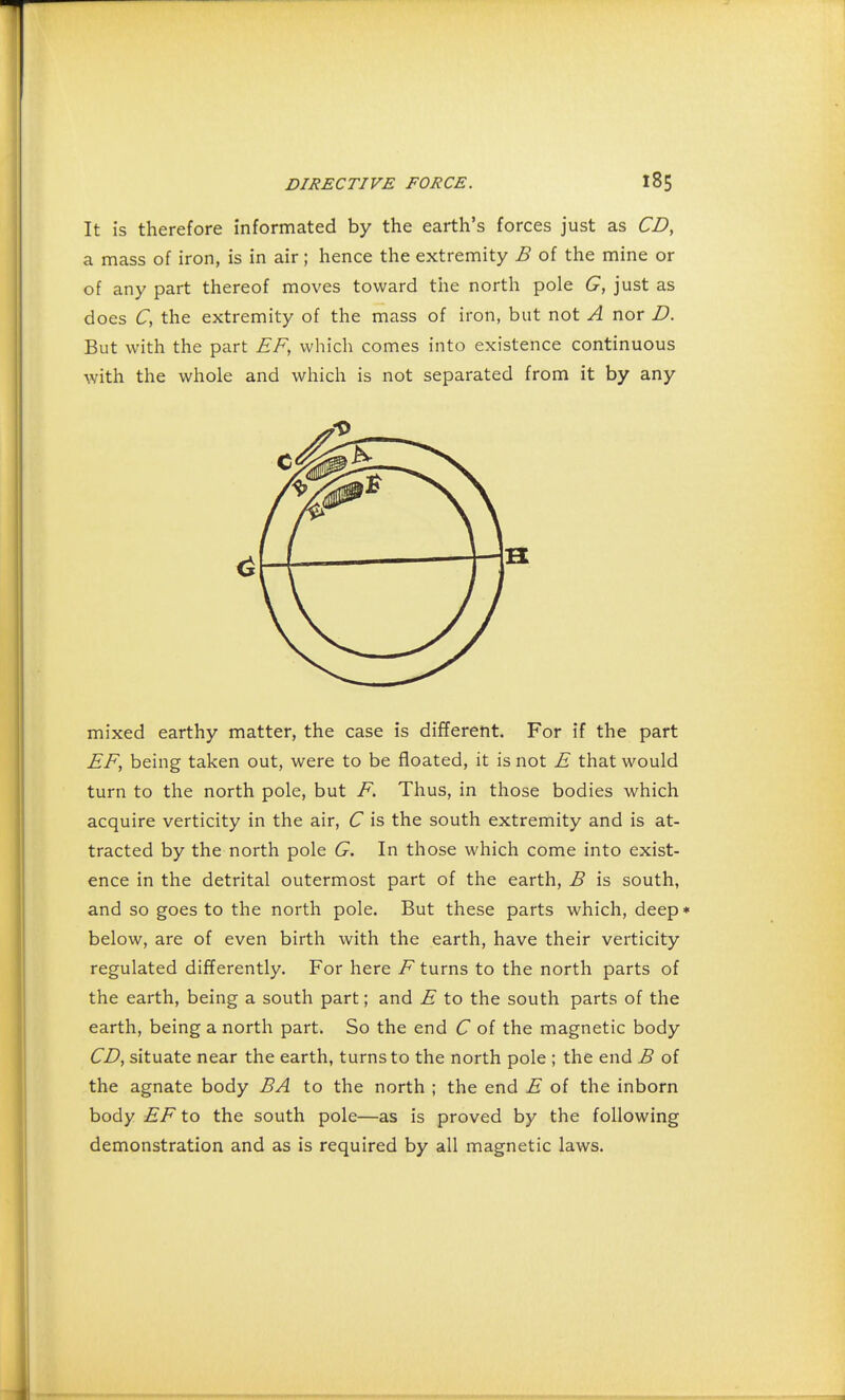 It is therefore informated by the earth's forces just as CD, a mass of iron, is in air; hence the extremity B of the mine or of any part thereof moves toward the north pole G, just as does C, the extremity of the mass of iron, but not A nor D. But with the part EF, which comes into existence continuous with the whole and which is not separated from it by any mixed earthy matter, the case is different. For if the part EF, being taken out, were to be floated, it is not E that would turn to the north pole, but F. Thus, in those bodies which acquire verticity in the air, C is the south extremity and is at- tracted by the north pole G. In those which come into exist- ence in the detrital outermost part of the earth, B is south, and so goes to the north pole. But these parts which, deep* below, are of even birth with the earth, have their verticity regulated differently. For here F turns to the north parts of the earth, being a south part; and E to the south parts of the earth, being a north part. So the end C of the magnetic body CD, situate near the earth, turns to the north pole ; the end B of the agnate body BA to the north ; the end E of the inborn body EF to the south pole—as is proved by the following demonstration and as is required by all magnetic laws.
