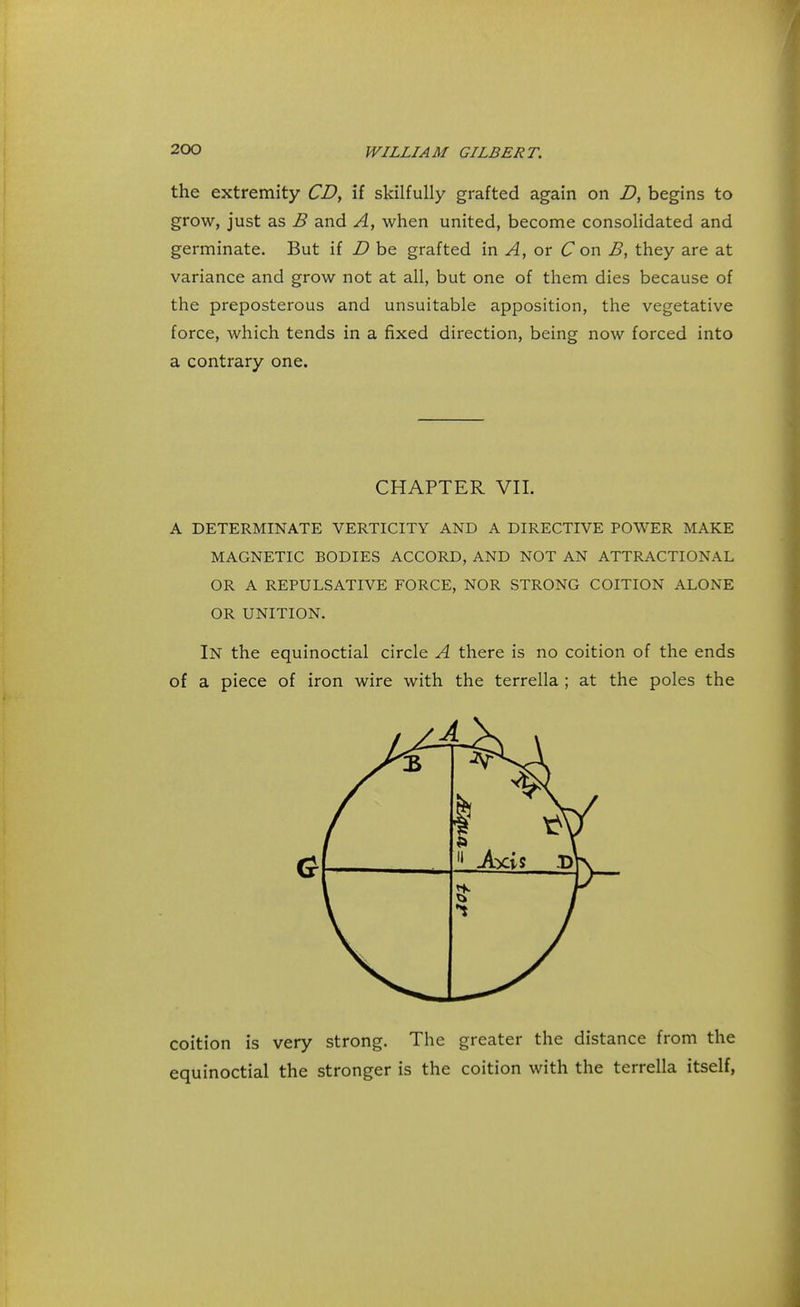 the extremity CD, if skilfully grafted again on D, begins to grow, just as B and A, when united, become consolidated and germinate. But if D be grafted in A, or C on B, they are at variance and grow not at all, but one of them dies because of the preposterous and unsuitable apposition, the vegetative force, which tends in a fixed direction, being now forced into a contrary one. CHAPTER VII. A DETERMINATE VERTICITY AND A DIRECTIVE POWER MAKE MAGNETIC BODIES ACCORD, AND NOT AN ATTRACTIONAL OR A REPULSATIVE FORCE, NOR STRONG COITION ALONE OR UNITION. In the equinoctial circle A there is no coition of the ends of a piece of iron wire with the terrella ; at the poles the f ^ 11 .Axis d\ £ / coition is very strong. The greater the distance from the equinoctial the stronger is the coition with the terrella itself,