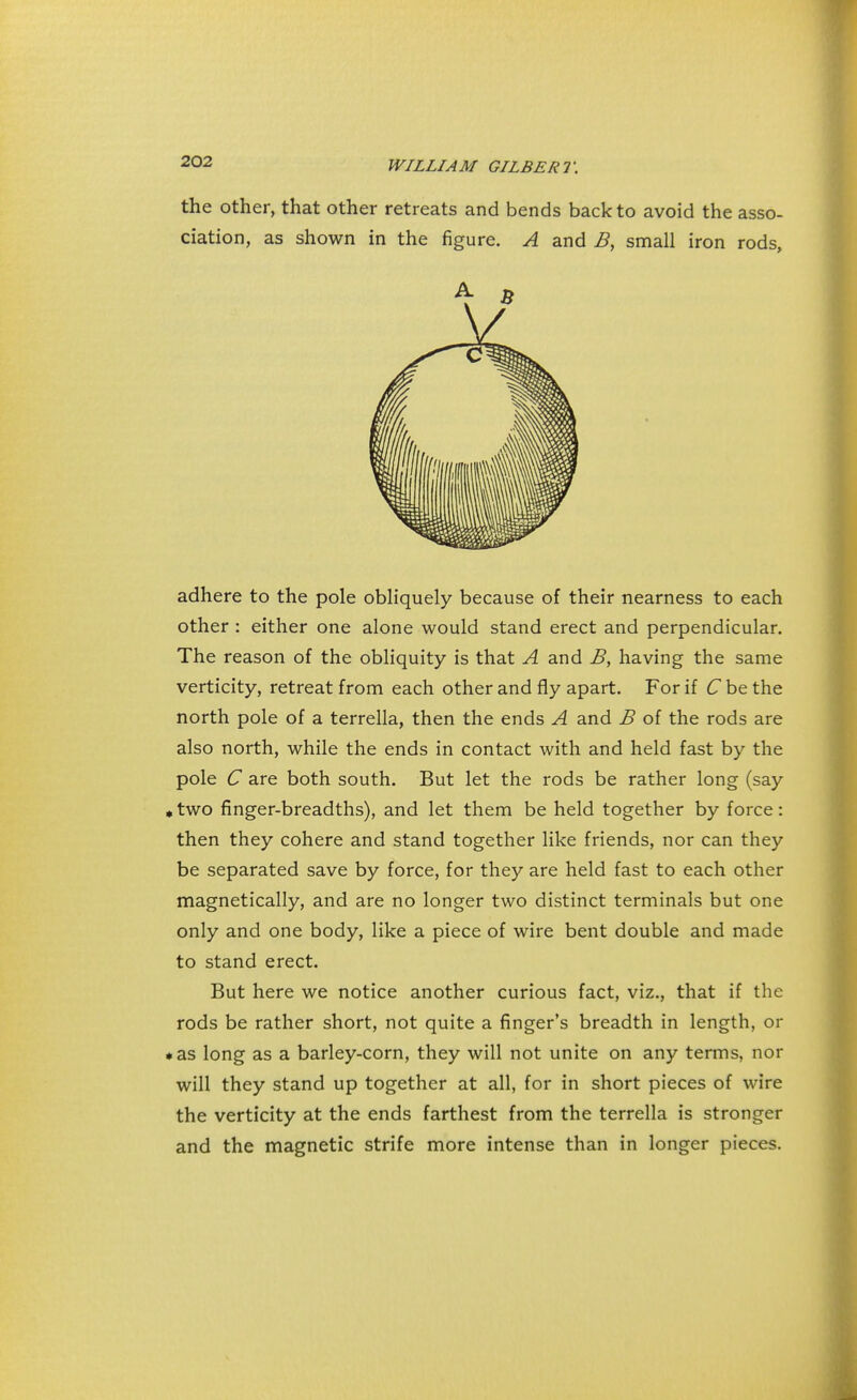 the other, that other retreats and bends back to avoid the asso- ciation, as shown in the figure. A and B, small iron rods, adhere to the pole obliquely because of their nearness to each other : either one alone would stand erect and perpendicular. The reason of the obliquity is that A and B, having the same verticity, retreat from each other and fly apart. For if C be the north pole of a terrella, then the ends A and B of the rods are also north, while the ends in contact with and held fast by the pole C are both south. But let the rods be rather long (say ♦ two finger-breadths), and let them be held together by force: then they cohere and stand together like friends, nor can they be separated save by force, for they are held fast to each other magnetically, and are no longer two distinct terminals but one only and one body, like a piece of wire bent double and made to stand erect. But here we notice another curious fact, viz., that if the rods be rather short, not quite a finger's breadth in length, or *as long as a barley-corn, they will not unite on any terms, nor will they stand up together at all, for in short pieces of wire the verticity at the ends farthest from the terrella is stronger and the magnetic strife more intense than in longer pieces.