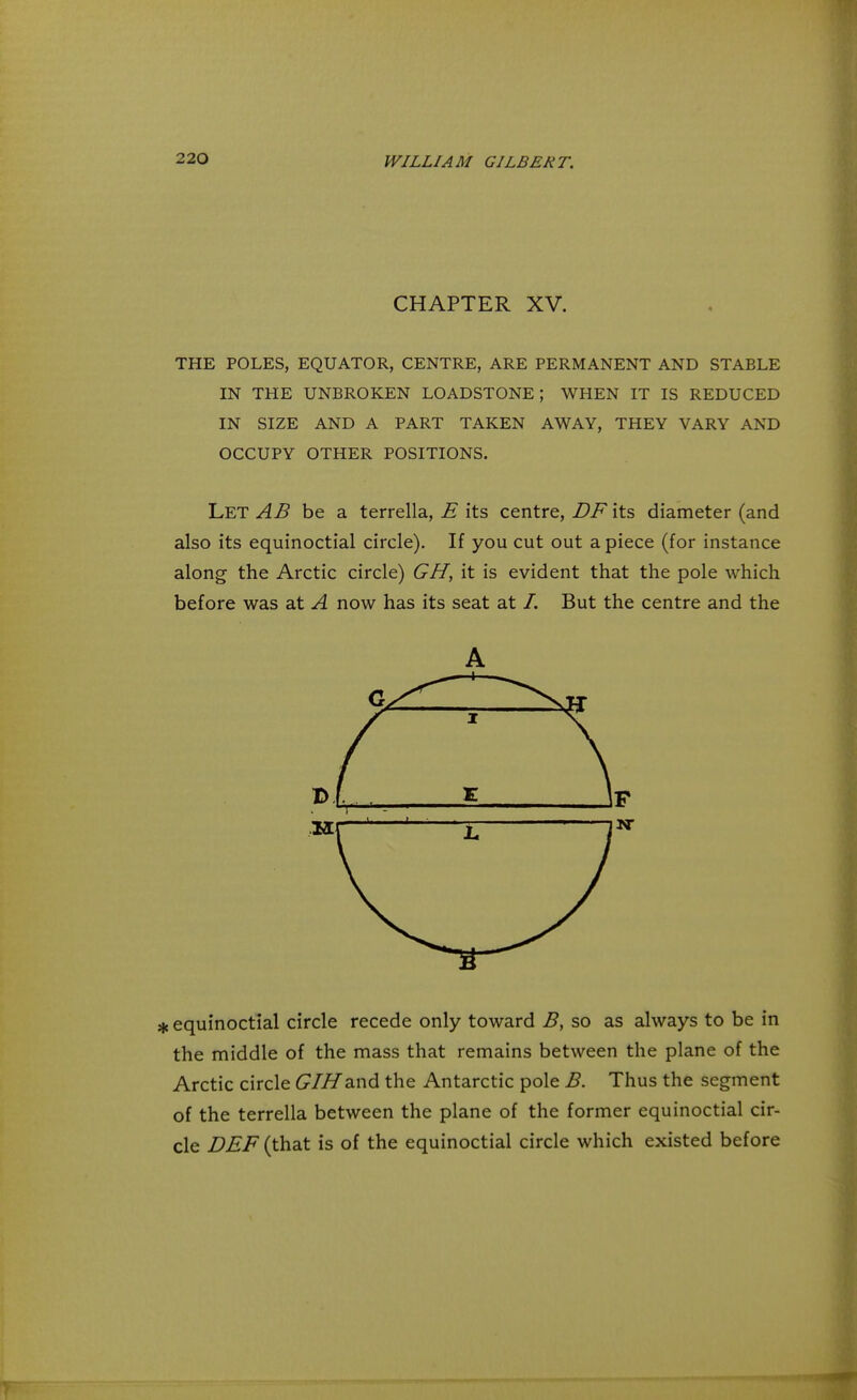 CHAPTER XV. THE POLES, EQUATOR, CENTRE, ARE PERMANENT AND STABLE IN THE UNBROKEN LOADSTONE; WHEN IT IS REDUCED IN SIZE AND A PART TAKEN AWAY, THEY VARY AND OCCUPY OTHER POSITIONS. Let AB be a terrella, E its centre, DF its diameter (and also its equinoctial circle). If you cut out apiece (for instance along the Arctic circle) GH, it is evident that the pole which before was at A now has its seat at /. But the centre and the A * equinoctial circle recede only toward B, so as always to be in the middle of the mass that remains between the plane of the Arctic circle GIHand the Antarctic pole B. Thus the segment of the terrella between the plane of the former equinoctial cir- cle DEF (that is of the equinoctial circle which existed before