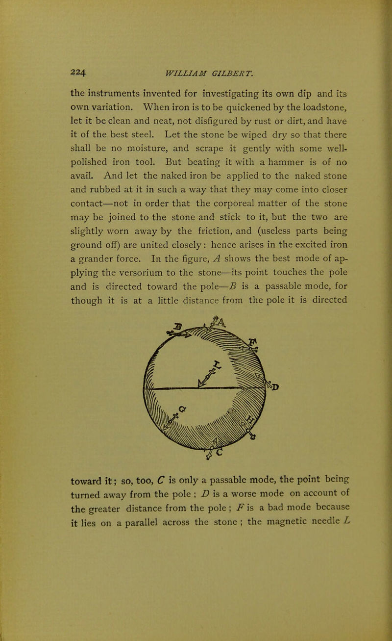 the instruments invented for investigating its own dip and its own variation. When iron is to be quickened by the loadstone, let it be clean and neat, not disfigured by rust or dirt, and have it of the best steel. Let the stone be wiped dry so that there shall be no moisture, and scrape it gently with some well- polished iron tool. But beating it with a hammer is of no avail. And let the naked iron be applied to the naked stone and rubbed at it in such a way that they may come into closer contact—not in order that the corporeal matter of the stone may be joined to the stone and stick to it, but the two are slightly worn away by the friction, and (useless parts being ground off) are united closely: hence arises in the excited iron a grander force. In the figure, A shows the best mode of ap- plying the versorium to the stone—its point touches the pole and is directed toward the pole—B is a passable mode, for though it is at a little distance from the pole it is directed toward it; so, too, C is only a passable mode, the point being turned away from the pole ; D is a worse mode on account of the greater distance from the pole ; F is a bad mode because it lies on a parallel across the stone ; the magnetic needle L