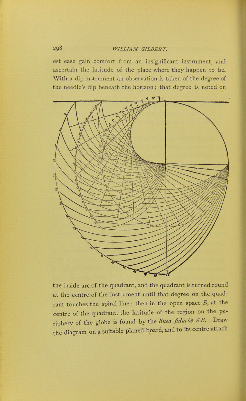 est ease gain comfort from an insignificant instrument, and ascertain the latitude of the place where they happen to be. With a dip instrument an observation is taken of the degree of the needle's dip beneath the horizon ; that degree is noted on the inside arc of the quadrant, and the quadrant is turned round at the centre of the instrument until that degree on the quad- rant touches the spiral line: then in the open space B, at the centre of the quadrant, the latitude of the region on the pe- riphery of the globe is found by the linea fiducial AB. Draw the diagram on a suitable planed board, and to its centre attach