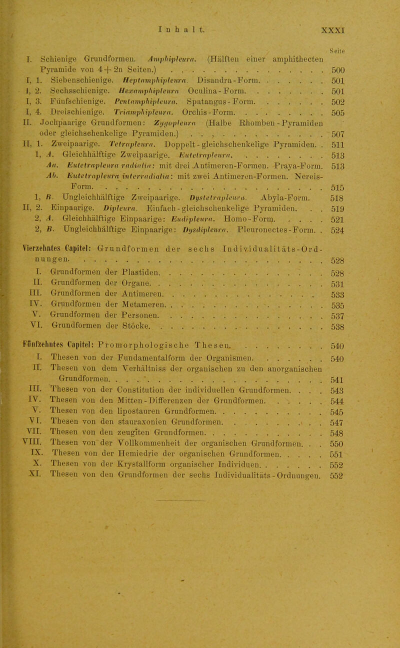 Seile I. öchienige Gruudformen. AmphipJeura. (Hälften einer amphitbecten Pyramide von 4+2n Seiten.) 500 [, 1. Siebenachienige. HepinvipMpleurn. Disandra-Form 501 i, 2. Seciisschieuige. Ucaramphiplcum Oculina-Form 501 1,3. Fiiufschienige. Penlmnphipleiirn. Spataugus - Form 502 I, 4. Dreischienige. TrinmpJiipleum. Orchis-Form 505 II. Jochpaarige Grundformen: Zi/ifopfeurn (Halbe Ehombeu-Pyramiden oder gleichschenkelige Pyramiden.) . . , 507 II, 1. Zweipaarige. Tetrapleurn. Doppelt-gleichschenkelige Pyramiden. . 511 1, .-1. Gleichhälftige Zweipaarige. Eutetrapleum 513 All. Euletrnpleurn rndifiHn: mit drei Antiraeren-Formeu. Praya-Form. 513 Ab. Eutetrapleum interradialia: mit zwei Antimeron-Formen. Nereis- Form 515 1, R. üngleiclihälftige Zweipaarige. Dyslelrnplenra. Abyla-Porm. 518 II, 2. Eiupaarige. Dipleurn. Einfach-gleichschenkelige Pyramiden. . . 519 2, A. Gleichhälftige Einpaarige: Eudipleuru. Homo-Form. .... 521 2, B. Ungleichhälftige Biapaarige: Dysdiplcura. Pleuronectes-Form. . 524 Vierzehntes Capitel: Grundformen der sechs Individualitäts-Ord- uungen 528 I. Grundformen der Piastiden 528 II. Grundformen der Organe 531 III. Grundformen der Antimeren 533 IT. Grundformen der Metameren 535 V. Grundformen der Personen 537 VI. Grundformen der Stöcke 538 Fünfzehntes Capitel: Promorphologische Thesen 540 I. Thesen von der Fundamentalform der Organismen 540 IT. Thesen von dem Verhältniss der organischen zu den anorganischen Grundformen. . . . ' 541 lU. Thesen von der Constitution der individuellen Gruudformen. . . . 543 IV. Thesen von den Mitten-Differenzen der Gruudformen 544 V. Thesen von den lipostauren Grundformen 545 VI. Thesen von den stauraxonien Grundformen . 547 vn. Thesen von den zeugiten Gruudformen 548 VIII. Thesen von der Vollkommenheit der organischen Grundformen. . . 550 IX. Thesen von der Hemiedrie der organischen Grundformen 551 X. Thesen von der Krystallform organischer Individuen 552 XI. Thesen von den Gruudformen der sechs Individualitäts - Orduuugen. 552