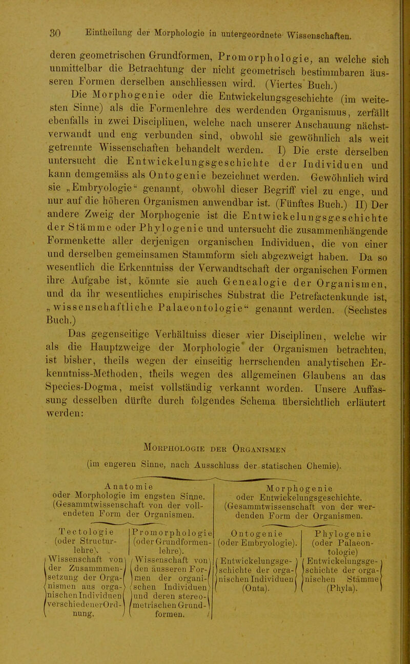 deren geometrischen Grundformen, Promorphologie, an welche sich unmittelbar die Betrachtung der nicht geometrisch bestimmbaren äus- seren Formen derselben auschliessen wird. (Viertes Buch.) Die Morphogenie oder die Entwickelungsgeschichte (im weite- sten Sinne) als die Formenlehre des werdenden Organismus, zerfällt ebenfalls in zwei Disciplinen, welche nach unserer Anschauung nächst- verwandt und eng verbunden sind, obwohl sie gewöhnlich als weit getrennte Wissenschaften behandelt werden. I) Die erste derselben untersucht die Entwickelungsgeschichte der Individuen und kann demgemäss als Ontogenie bezeichnet werden. Gewöhnlich wird sie „Embryologie genannt, obwohl dieser Begriff viel zu enge, und nur auf die höheren Organismen anwendbar ist. (Fünftes Buch.) II) Der andere Zweig der Morphogenie ist die Entwickelungsgeschichte der Stämme oder Phylogenie und untersucht die zusammenhängende Formenkette aller deijenigen organischen Individuen, die von einer und derselben gemeinsamen Stammform sich abgezweigt haben. Da so wesentlich die Erkenntniss der Verwandtschaft der organischen Formen ihre Aufgabe ist, könnte sie auch Genealogie der Organismen, und da ihr wesentliches empirisches Substrat die Petrefactenkunde ist, „ wissenschaftliche Palaeontologie genannt werden (Sechstes Buch.) Das gegenseitige Verhältuiss dieser vier Disciplinen, welche wir als die Hauptzweige der Morphologie' der Organismen betrachten, ist bisher, theils wegen der einseitig herrschenden analytischen Er- kenntuiss-Methoden, theils wegen des allgemeinen Glaubens an das Species-Dogma, meist vollständig verkannt worden. Unsere Auffas- sung desselben dürfte durch folgendes Schema übersichtlich erläutert werden: Morphologie der Organismen (im engeren Sinne, nach Ausschluss der.statischen Chemie). Anatomie oder Morphologie im engsten Siime. (Gesammtwisseuschaft von der voll- endeten Form der Organismen. T e c 1010 g i e (oder Structur- lehre\ fWissenschaft von) der Zusammmen- jsetzung nismen aus jnischen Individuen! fverschiedeuerOrd-' nung. der Orga- Promorphologie (oder Crrundformen- lehre). /Wissenschaft voü\ den äusseren For-j jraen der organi sehen Individuen^ und deren stereo-[ metrischen Grund-] formen, / Morphogenie oder Entwickelungsgeschichte. (Gesammtwissenschaft von der wer- denden Form der Organismen. Ontogenie (oder Embryologie). Entwickelungsge- schichte der orga- nischen Individuen | (Onta). Phylogenie (oder Palaeon- tologie) Entwickelungsge- schichte der orga- nischen Stämme/ (Phyla).