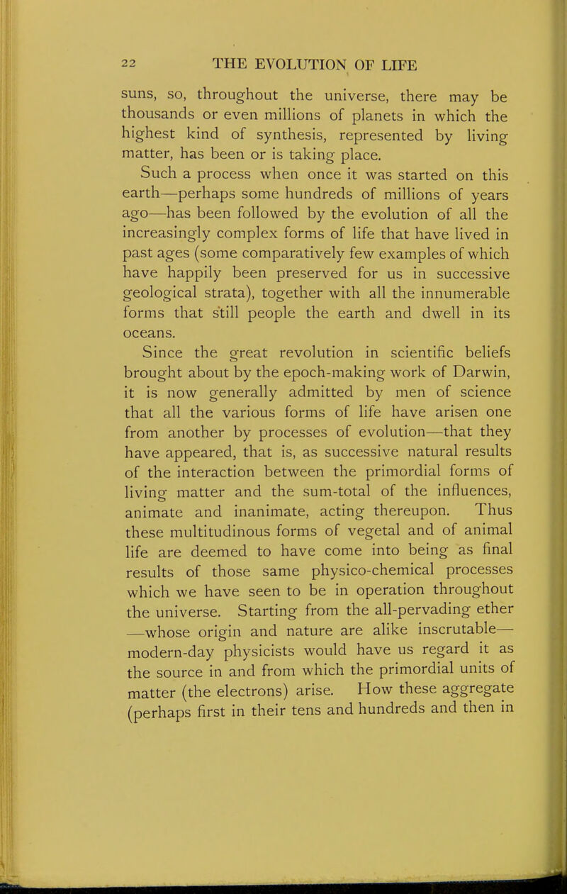 suns, so, throughout the universe, there may be thousands or even millions of planets in which the highest kind of synthesis, represented by living matter, has been or is taking place. Such a process when once it was started on this earth—perhaps some hundreds of millions of years ago—has been followed by the evolution of all the increasingly complex forms of life that have lived in past ages (some comparatively few examples of which have happily been preserved for us in successive geological strata), together with all the innumerable forms that still people the earth and dwell in its oceans. Since the great revolution in scientific beliefs brought about by the epoch-making work of Darwin, it is now generally admitted by men of science that all the various forms of life have arisen one from another by processes of evolution—that they have appeared, that is, as successive natural results of the interaction between the primordial forms of livine matter and the sum-total of the influences, o animate and inanimate, acting thereupon. Thus these multitudinous forms of vegetal and of animal life are deemed to have come into being as final results of those same physico-chemical processes which we have seen to be in operation throughout the universe. Starting from the all-pervading ether —whose origin and nature are alike inscrutable— modern-day physicists would have us regard it as the source in and from which the primordial units of matter (the electrons) arise. How these aggregate (perhaps first in their tens and hundreds and then in