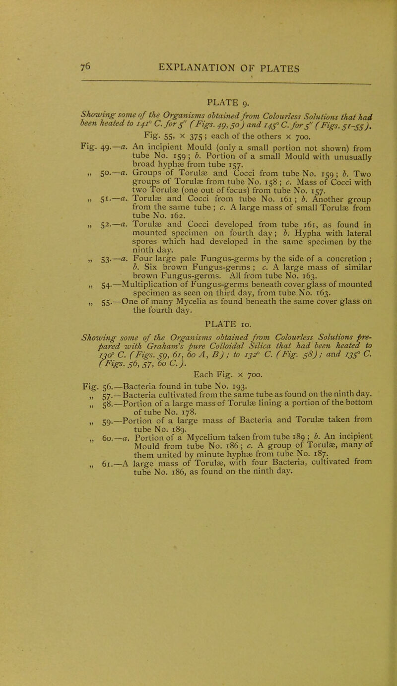 PLATE 9. Showing some of the Organisms obtained from Colotirless Solutions that had been heated to 141° C.forf (Figs. ^9,50) and 14^ C.for ^' (Figs. 51-55). Fig- 55. X 375 ! each of the others x 700. Fig- 49-—An incipient Mould (only a small portion not shown) from tube No. 159; b. Portion of a small Mould with unusually broad hyphae from tube 157. „ 50.—a. Groups of Torulae and Cocci from tube No. 159 ; b. Two groups of Torulae from tube No. 158 ; c. Mass of Cocci with two Torulae (one out of focus) from tube No. 157. „ 51.—a. Torulae and Cocci from tube No. 161 ; b. Another group from the same tube ; c. A large mass of small Torulse from tube No. 162. ,1 5^'—^- Torulae and Cocci developed from tube 161, as found in mounted specimen on fourth day ; b. Hypha with lateral spores which had developed in the same specimen by the ninth day. „ 53.—a. Four large pale Fungus-germs by the side of a concretion ; b. Six brown Fungus-germs ; c. A large mass of similar brown Fungus-germs. All from tube No. 163. „ 54.—Multiplication of Fungus-germs beneath cover glass of mounted specimen as seen on third day, from tube No. 163. „ 55.—One of many Mycelia as found beneath the same cover glass on the fourth day. PLATE 10. Showing some of the Organisms obtained from Colourless Solutions pre- pared with Graham's pure Colloidal Silica that had been heated to ijo° C. (Figs. 59, 61,60 A, BJ ; to 132° C. (Fig. 58); and 155° C. (Figs. 56, 57, 60 C.J. Each Fig. x 700. Fig. 56,—Bacteria found in tube No. 193. 57. —Bacteria cultivated from the same tube as found on the ninth day. 58. —Portion of a large mass of Torulae lining a portion of the bottom of tube No. 178. gg.—Portion of a large mass of Bacteria and Torulae taken from tube No. 189. „ 60.—a. Portion of a Mycelium taken from tube 189 ; b. An incipient Mould from tube No. 186 ; c. A group of Torulae, many of them united by minute hvphas from tube No. 187. „ 61.—A large mass of Torulae, with four Bacteria, cultivated from tube No. 186, as found on the ninth day.