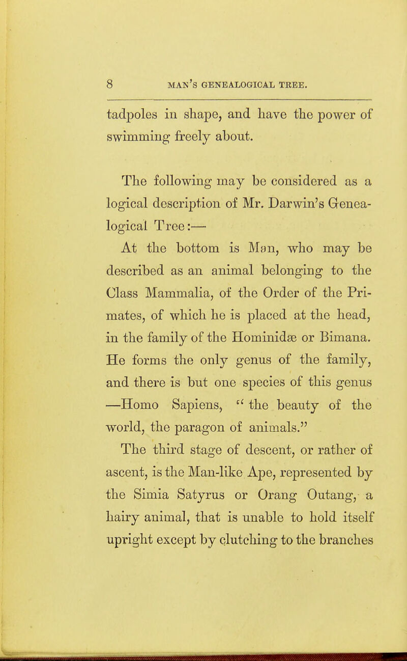 tadpoles in shape, and have the power of swimming freely about. The following may be considered as a logical description of Mr. Darwin's Genea- logical Tree:— At the bottom is Man, who may be described as an animal belonging to the Class Mammalia, of the Order of the Pri- mates, of which he is placed at the head, in the family of the Hominidse or Bimana. He forms the only genus of the family, and there is but one species of this genus —Homo Sapiens, ^' the beauty of the world, the paragon of animals. The third stage of descent, or rather of ascent, is the Man-like Ape, represented by the Simia Satyrus or Orang Outang, a hairy animal, that is unable to hold itself upright except by clutching to the branches