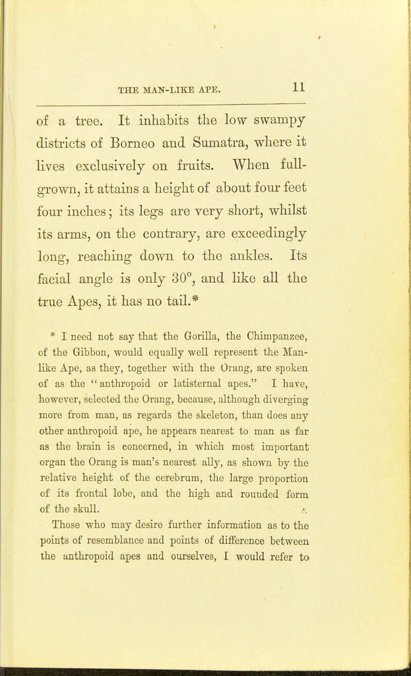 THE MAN-LIKE APE. of a tree. It inhabits the low swampy districts of Borneo and Sumatraj where it lives exclusively on fruits. When full- grown, it attains a height of about four feet four inches; its legs are very short, whilst its arms, on the contrary, are exceedingly long, reaching down to the ankles. Its facial angle is only 30°, and like all the true Apes, it has no tail.* * I need not say that the Gorilla, the Chimpanzee, of the Gibbon, -would equally well represent the Man- like Ape, as they, together with the Orang, are spoken of as the anthropoid or latisternal apes. I have, however, selected the Orang, because, although diverging more from man, as regards the skeleton, than does any other anthropoid ape, he appears nearest to man as far as the brain is concerned, in which most important organ the Orang is man's nearest ally, as shown by the relative height of the cerebrum, the large proportion of its frontal lobe, and the high and rounded form of the skull. Those who may desire further information as to the points of resemblance and points of difference between the anthropoid apes and ourselves, I would refer to