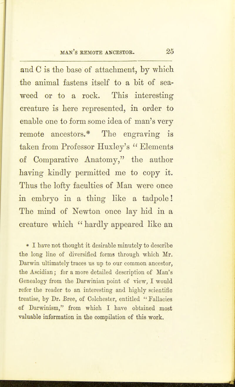 and C is the base of attachment, by which the animal fastens itself to a bit of sea- weed or to a rock. This interesting creatm:e is here represented, in order to enable one to form some idea of man's very remote ancestors.* The engraving is taken from Professor Huxley's  Elements of Comparative Anatomy, the author having kindly permitted me to copy it. Thus the lofty faculties of Man were once in embryo in a thing like a tadpole! The mind of Newton once lay hid in a creature which  hardly appeared like an » I have not thought it desirable minutely to describe the long line of diversified forms through which Mr. Darwin ultimately traces us up to our common ancestor, the Ascidian; for a more detailed description of Man's Genealogy from the Darwinian point of view, I would refer the reader to an interesting and highly scientific treatise, by Dr. Bree, of Colchester, entitled  Fallacies of Darwinism, from which I have obtained most valuable information in the compilation of this work.