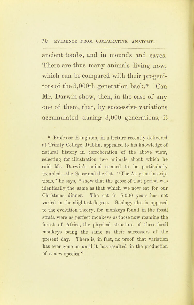ancient tombs, and in mounds and caves. There are thus many animals living now, which can be compared with their progeni- tors of the 3,000th generation back.* Can Mr. Darwin show, then, in the case of any- one of them, that, by successive variations accumulated during 3,000 generations, it * Professor Haughton, in a lecture recently delivered at Trinity College, Dublin, appealed to his knowledge of natural history in corroboration of the above view, selecting for illustration two animals, about which he said Mr. Darwin's mind seemed to be particularly troubled—the Goose and the Cat. The Assja-ian inscrip- tions, he says,  show that the goose of that period was identically the same as that which we now eat for our Christmas dinner. The cat in 5,000 years has not varied in the slightest degree. Geology also is opposed to the evolution theory, for monkeys found in the fossil strata were as perfect monkeys as those now roaming the forests of Africa, the physical structure of these fossil monkeys being the same as their successors of the present day. There is, in fact, no proof that variation has ever gone on until it has resulted in the production of a new species.