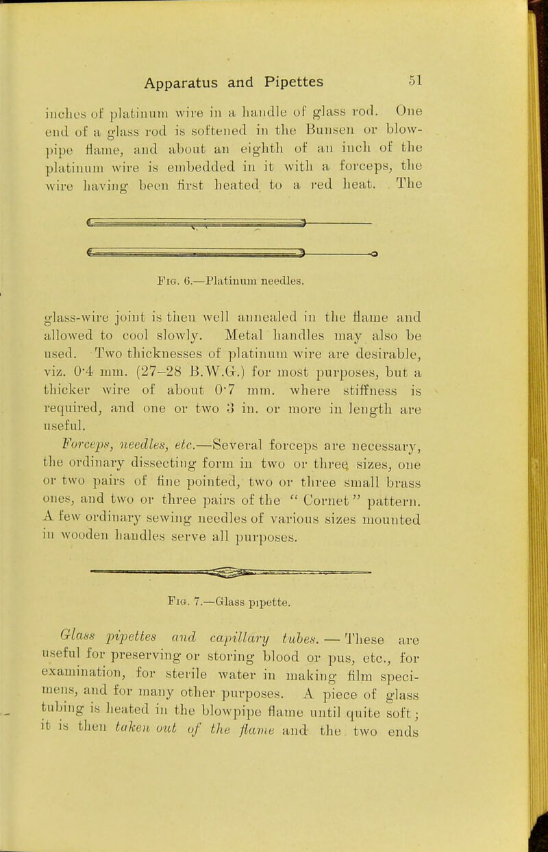 Apparatus and Pipettes inches of platinum wire in a handle of glass rod. One end of a Sflass rod is softened in the Bunsen or blow- pipe flame, and about an eighth of an inch of the platinum wire is embedded in it with a forceps, the wire having1 been first heated to a red heat. The Fig. 6.—Platinum needles. ylass-wire ioint is then well annealed in the flame and allowed to cool slowly. Metal handles may also be used. Two thicknesses of platinum wire are desirable, viz. 0*4 mm. (27-28 B.W.Gr.) for most purposes, but a thicker wire of about 0'7 mm. where stiffness is required, and one or two o in. or more in length are useful. Forceps, needles, etc.—Several forceps are necessary, the ordinary dissecting form in two or three, sizes, one or two pairs of hue pointed, two or three small brass ones, and two or three pairs of the  Cornet pattern. A few ordinary sewing needles of various sizes mounted in wooden handles serve all purposes. Fig. 7.—Glass pipette. Glass pipettes and capillary tubes. — These are useful for preserving or storing blood or pus, etc., for examination, for sterile water in making film speci- mens, and for many other purposes. A piece of glass tubing is heated in the blowpipe flame until quite soft; it is then taken out uf the flame and the two ends