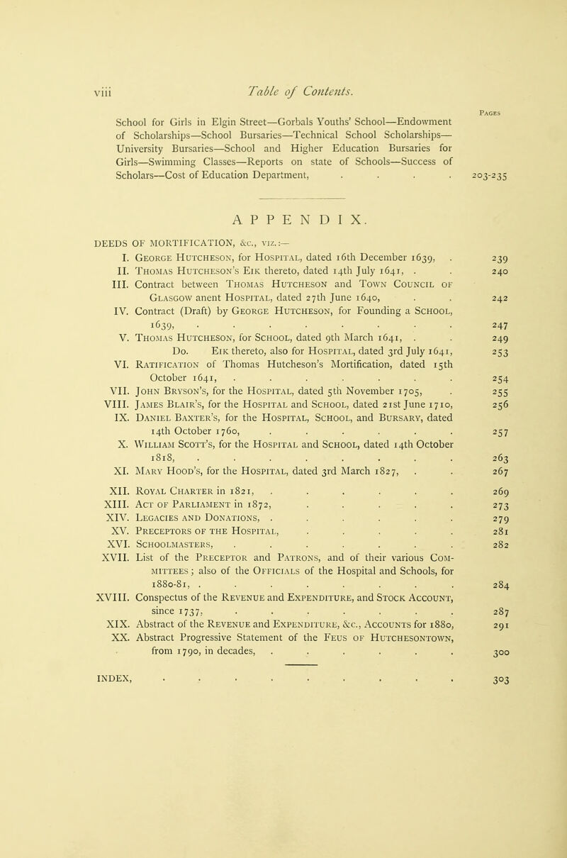 School for Girls in Elgin Street—Gorbals Youths' School—Endowment of Scholarships—School Bursaries—Technical School Scholarships— University Bursaries—School and Higher Education Bursaries for Girls—Swimming Classes—Reports on state of Schools—Success of Scholars—Cost of Education Department, .... 203-235 APPENDIX. DEEDS OF MORTIFICATION, &c., viz. :— I. George Hutcheson, for Hospital, dated i6th December 1639, . 239 II. Thomas Hutcheson's Eik thereto, dated 14th July 1641, . . 240 III. Contract between Thomas Hutcheson and Town Council of Glasgow anent Hospital, dated 27th June 1640, . . 242 IV. Contract (Draft) by George Hutcheson, for Founding a School, 1639, ........ 247 V. Thomas Hutcheson, for School, dated 9th March 1641, . . 249 Do. EiK thereto, also for Hospital, dated 3rd July 1641, 253 VI. Ratification of Thomas Hutcheson's Mortification, dated 15th October 1641, ....... 254 VII. John Bryson's, for the Hospital, dated 5th November 1705, . 255 VIII. James Blair's, for the Hospital and School, dated 21st June 1710, 256 IX. Daniel Baxter's, for the Hospital, School, and Bursary, dated 14th October 1760, . . . . . . 257 X. William Scott's, for the Hospital and School, dated 14th October 1818, ........ 263 XI. Mary Hood's, for the Hospital, dated 3rd March 1827, . . 267 XII. Roy.\l Charter in 1821, ...... 269 XIII. Act of Parli.ament in 1872, . . . . . 273 XIV. Legacies and Donations, . . . . . . 279 XV. Preceptors of the Hospital, . . . . . 281 XVI. Schoolmasters, ....... 282 XVII. List of the Preceptor and Patrons, and of their various Com- mittees ; also of the Officials of the Hospital and Schools, for 1880-81, ........ 284 XVIII. Conspectus of the Revenue and Expenditure, and Stock Account, since 1737, ....... 287 XIX. Abstract of the Revenue and Expenditure, iS:c., Accounts for i88o, 291 XX. Abstract Progressive Statement of the Feus of Hutchesontown, from 1790, in decades, ...... 300 INDEX, 303