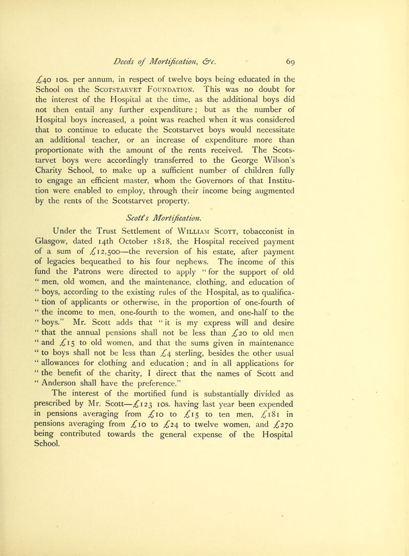 £/\.o I OS. per annum, in respect of twelve boys being educated in the School on the Scotstarvet Foundation. This was no doubt for the interest of the Hospital at the time, as the additional boys did not then entail any further expenditure ; but as the number of Hospital boys increased, a point was reached when it was considered that to continue to educate the Scotstarvet boys would necessitate an additional teacher, or an increase of expenditure more than proportionate with the amount of the rents received. The Scots- tarvet boys were accordingly transferred to the George Wilson's Charity School, to make up a sufficient number of children fully to engage an efficient master, whom the Governors of that Institu- tion were enabled to employ, through their income being augmented by the rents of the Scotstarvet property. Scott's Mortification. Under the Trust Settlement of Williaim Scott, tobacconist in Glasgow, dated 14th October 1818, the Hospital received payment of a sum of ^12,500—the reversion of his estate, after payment of legacies bequeathed to his four nephews. The income of this fund the Patrons were directed to apply  for the support of old  men, old women, and the maintenance, clothing, and education of  boys, according to the existing rules of the Hospital, as to qualifica-  tion of applicants or otherwise, in the proportion of one-fourth of  the income to men, one-fourth to the women, and one-half to the  boys. Mr, Scott adds that  it is my express will and desire  that the annual pensions shall not be less than £20 to old men and ^15 to old women, and that the sums given in maintenance  to boys shall not be less than ^4 sterling, besides the other usual  allowances for clothing and education ; and in all applications for  the benefit of the charity, I direct that the names of Scott and  Anderson shall have the preference. The interest of the mortified fund is substantially divided as prescribed by Mr. Scott—^123 los. having last year been expended in pensions averaging from ^10 to ^15 to ten men, 4^181 in pensions averaging from ^10 to ^24 to twelve women, and ^270 being contributed towards the general expense of the Hospital School.