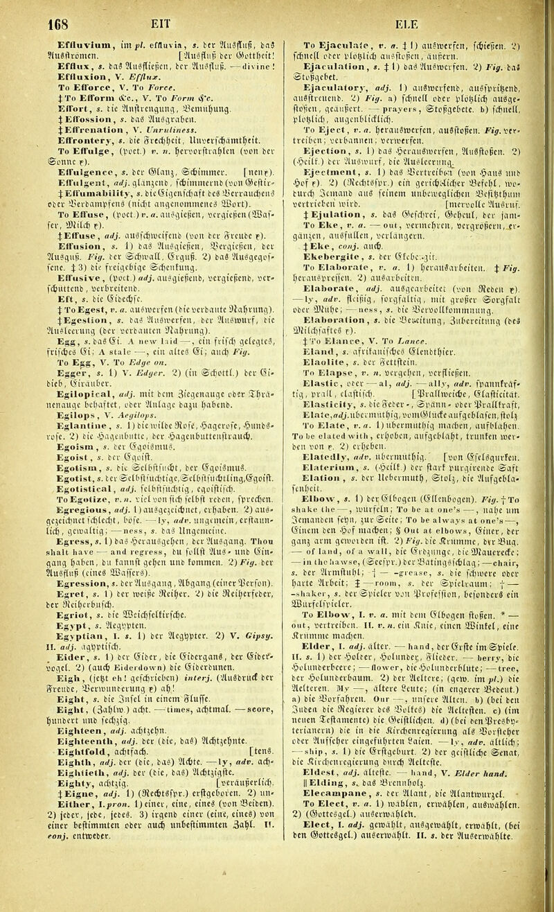 1G8 EIT El-E Eflluvium, inipt. efduvia, s. bet 2lu?ftii^, inS ?iu«|1tomcn. ['.'Utsfliif) bcv CMottftcit! Efflux, «. iai Sliiefticpcil, bcr Jlll^fluji. —divine! Effluxion, V. Efflux. To Efl'orco, V. To Force. i.To Effonn &c., V. To Form iljv. Elfort, i. tic Jlnilrcugung, 3?emii^ung. :{: Effossiua, s. iai iluiSijiMlicii. j: Effi-cuation , V. Unriiliness. Effrontery, *. bi'e 5ce({)(;cit, Uiivevf(^rimtt;eit. To Effulge, (Vcet.) i'. /(. ^cvvovftva^tcn (»cn bev ©onnc f). Effulgence, s. bcr ®tanj, ©cSimmev. [luiif). Efl'ulgent, arfj. glanjcnb, fc6immci-iib(I'lni ©cftti 4;E(fumability, s. btc(5iijcnfc()aft bcS Uici-i-ouc£)eii5 obci- sBerbiimVffiS (iiidit nngenemmciuS SGort). To Effuse, (pMt.) t). a. aii'5s5icpcn, tfcrgicfien(3Baf- fcr, aiiil({) t). 4:Effuse, adj. iiu5f(^h)cifcnb (von bcr Svcube f). Effusion, s. 1) baS 3UiJiv'cj)cn, SJevgicjjcn, bci- SUiSguii. Fig. bcr ®c^aia([. (Sigii^. 2) bnS 2lu8gcgof- fcnc. :i:3) bte frcigcfii'ge ©c^cntung. Effusive, (voct.) aiisgicpciib, vcrgicpcnb, vcr» fc^iitttcnb, scrbrcitcnb. Eft, s. bte ©ibcttifc. X ToEgest, I', a. iiUMucifcii {bte vcrbaute Slat^ning). jEgeslion, s. bai3 'iluiMverfcu, bcv 9liiS»uvf, bie JliiStcevung (bev sevbaittcii fta^vitiig). Egg, s. ba«(5i. A new liiid —, ci'ii fvifd) gcfcgtcS, fvifcfcea (5i; A stale —■, eiit a(te8 aiic^ Fig. To Egg, V. To Edge on. Egger, s. 1) V. Edyer. 2) (ill ©C^ottl.) bCV Qi- bie&, (St'vatibev. Egilopical, adj. mit bcin Siegennugc cber !JI)va- tteitiiiigc bcbaftct, obev Sliilagc baju [;a6cnb. Egilups, V. Aegilops. Eglantine, s. 1) bictuitbe 9icfe, .^fgevofe, •§iiitbS- vofc. 2) bie Jpiigeitbiitte, bcv -tjageiibutteiiftvauc^. Egoism , i. bev (Sgci^mus. Egoist, s. bcv (Sgoifi. Egotism, s. bit ©cltftfiic^t, bev (Sgci-SrnuS. Egotist, s. bev Sctbftmcfctigc.iSelfcftfiitfitd'ng.lSgoifl. Egotistical, adj. fcltiftflldjtig, egiJl|}iid). ToEgotize. v.ii. tict von ftii) fclbft vcbcii, fyved^cn. Egregious, adj. 1) aujge^ciiljiiet, cv^abcii. 2) aii8- gejcid)nct fdilcdjt, t'ofe. —ly, «(/r. uiigtmein, evftaim- Udi, gcTOiUtig; —ness, s. ba3 Itngeniciiic. Egress, s. 1) bas .tpcviiuSge(;cn, bcvSlusgang. Thou Shalt have — and regress, bu foltll 3lu^» Ulib (Sin- gang ^abcn, bu fannft ge^en unb tommeu. 2) Fig. bcv SluSfdif (ctneS SCaffcvS). Egression, s. bcvJhtsgang , 3l6gang (cincv^Jevfon). Egret, s. 1) bev weipc JRei^ev. 2) bie 9tci()evfebev, bet Skiljccbufd). Egriot, s. bie SBcic^fcCfirfdje. Egypt, s. 9legl;lJten. Egyptian, I. t. 1) bct 2leg^()tev. 2) V. Gipsg. II. adj. dgijrtifcfj. Eider, s. 1) bcv (Sibct, bie 6ibetgan«, bet ©ibct- iogcl. 2) (aut^ Eiderdown) bie (Sibcvbuncn. Eigh, (jc^t eh! gcfcijvicticn) inlerj. (VliiSbvucf bcv ifveube, ijeviuttncevung t) a^l Eight, s. bie 3nfc( in eiiiem Stuffe. Eight, (3al)(n)-) acjjt. —times, ac^tmot. —seore, tiunbcvt nub fedjjig. Eighteen, adj. o.A)i\t^n. Eighteenth, adj. bcv (bie, baS) ?lc^tjer;nte. Eightfold, acjitfat^. [tcnS. Eighth, adj. bev (bic, bae) 3((6te. —ly, adv. ac^' Eightieth, adj. bev (bie, bae) Slcfitjigfte. Eighty, ndjtiig. [vevftupevtirf). tEigne, adj. 1) OiccttSffv.) evflgct'ovcn. 2) iin. Either, l.pron. l^cincv, eine, eine^ (vum 33cibcn). 2) jcbcv, jcbe, jebcS. 3) ivgenb cinev (eine, cincS) son einct befiimmten cbcv ciuc^ uubeftimmten Sat)t li. ronj. etttwebcr. To EjaculaJo, r. a. H) auSnjtvfcn, fc^iejien. 2) fc6ncf[ pbcv tloljlidj aiiSftollcii, aitficvn. Ejaculation, s. JO ba^'Jluewevfen. 2) Fig. ba5 Stt'fgebet. Ejaculafory, adj. I) aiiSwevfcub, ansfvvi^enb, aiiSftvcitcnb. 2) Fig. a) fc^ncK cber vfiiWif^ an^ge- ftoficn, gediipcvt. — prayers, ©tcpgebctc. b) fitnell, floljlid), angcnblicflicfj. To Eject, v.a. ^eranSwevfen, nuSflcjicn. Fig.\>(r- tveibcn; vctbaniien; sevivevfen. Ejection, s. 1) bag J^cvanSnjcvfen, 3lu«fti.ij!cn. 2) (J^ciif.) bcv -'In'oiuiivf, bic -Jtuc'lecviing^ Ejectment, s. 1) iaS iBcrtreibc-n (son 45aitg niib Ji>of f). 2) (;)iecl)tsfpr.) ein gevic^ii^iiljcv SJefel)!, U'o- buvctj Scnianb awS feinem unbcivegCidjeii >8cri(^tl)iini sevtvietcii wivb. [mcvsoKc VlnSvnf. 4;EjHlation, tai C>lefrl)vct, ®ct;cul, bcv jiini- To Eke, r. a. —out, sevmchvcn, scvgvopcvii, cv- gfiiijcn, anaftiitcn, scvtangevu. J Eke, coiij. an(^. Ekebergite, s. ber Sfcbcv.git. To Elaborate, v. a. I) (;eran8iivbeitcit. t Fig. r;evan«vvciTcn. 2) an^aibiitcn. Elaborate, adj. auSgcavbeitct (von Sicbcil r). — ly, adv. flcipig, fovgfaitig, niit gvopcv ©ovgfalt obev !Bht()c; —ness, s. bic iicvvoKfoininiiung. Elaboration, j. bic Sencitiing, Sntcveitnng (bc3 aKiidjbiftca f). J To Elance, V. To Lance. Eland, s. afvifanifticj (5tenbt[)iev. Elaolite, s. bcv gcttftein. To Elapse, v. n. Bcvgcr^cii, ocvflieiicn. Elastic, ocev — al, adj. —ally, adv. fjiannfvitf' tig, Jjvall, etaftifrf). [5Jvaf[>sci(6c, ©(aflicitat. Elasticity, s. bie Sebcv -, SiHiitn • obev *4}valtfvaft, Ela!e,nrfj.nbcviniit§ig,voin(Mliictciiiifgcb(afcn,fto(( To Elate, v.a. 1) nbcvnTiitl;ig marbcn, anfbla(;cn. To be elated with, ev[;obcn, aiifgcblcifjt, ttunten wcv- belt von f. 2) cvrjcbcii. Elatedly, adv. it6cvnnitr;ig. [von (5fc(8gtivFeii. Elatorium, i. (Jjcitf.) bcv flavt V'uvgircnbc ©aft Elation , bcv Uebevmut^, ©toij, bie '.'litfgebla- fcu[;cit. Elbow, s. 1) berSifcogen (QKenbogcn). Fig. f To shake the —, iuilvfctn; To be at one's —, nal)e nin Scmanben fcljn, juvScite; To be always at one's—, (Sincm ben -^of matben; S Out at elbows, (Sincr, bev ganj avnt gnuoibcn ift. 2) Fi</. bic ^vitminc, bvv!8ug. — of land, of a wall, bie (Svb^iingc, bic 2)Jaucrectc; — in the hawse, (©ccfpv.) bev SJatingefcfilag; —chair, s. bev 3lvm|}n()t; i — -grease, s. bie fd)iuevc obcr t)avte 3lvbeit; J—room, s. bcv ©rieUanm; | — -shaker, bcv ©piefev Von !pvofeffion, bcfonbevS ein 2Btitfe(fvie(er. To Elbow, I. V. a. mit bcin (Sfbogen ftoicn. * — out, vevtveibcn. II. v.n.tin Sink, cincn aCiutet, cine Jtriimnic macl)en. Elder, I. adj. after. — hand, bet(Sv|ic tm©<)ie(c. If. s. 1) bcv-^olcev, -&o(itnbev, Sliebev. — berry, bic -fiiolttnbevbceve; —flower, bicJ^otnnbcvblnte; —tree, bcr -^olunbevbaum. 2) bcv Slcttcve; (gem. im ;;/.) bie I'lcltcrcn. My —, ilUeve Scute; (in engerer sBebeiit.) a) bie aUovfa^ven. Our —, nnfeve iUtcn. b) (bci ben Stiben bic Sfcgicvcv beg Q^olfcS) bie 3lc(tc(ien. c) (ini neuen Scjiamcnte) bic (Steiftlidjcn. d)(bci i?en $!ve'3b>5« teriancvn) bie in bie Jiivdjenvegieviing aU iBorftc^er cbcv ?aiffc(;ev cingcfii(;vtcu t'aien. —ly, adv. ntttic^; — ship, s. 1) bic (Svffgcbitvt. 2) bcv gciftlic^e ©enat, bie jlivfl)cnvcgicvung buvclj Sleltcftc. Eldest, adj. cittcfte. — hand, V. Elder hand. II Elding, s. bag ^BvcnnT^ofj. Elecampane, s. tcv 3llant, bic SKantmuvjet. To Elect, V. a. 1) iv.iblcn, ev>BaI;teu, an8iual;(en. 2) ((Sottcsgcl.) angevwafjtelt. Elect, I. adj. gcnjat^lt, auggcnia^ft, cvwa^tt, (bci ben (Scttc6gel.) auSetwa^U. II. s. bet jluSevwa^ite.