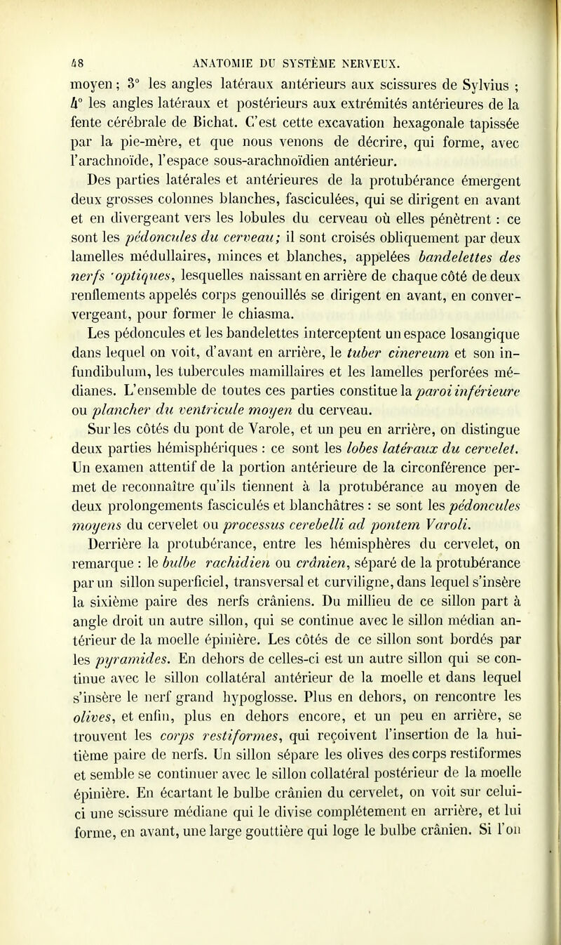 moyen ; 3° les angles latéraux antérieurs aux scissures de Sylvius ; h° les angles latéraux et postérieurs aux extrémités antérieures de la fente cérébrale de Bichat. C'est cette excavation hexagonale tapissée par la pie-mère, et que nous venons de décrire, qui forme, avec l'arachnoïde, l'espace sous-arachnoïdien antérieur. Des parties latérales et antérieures de la protubérance émergent deux grosses colonnes blanches, fasciculées, qui se dirigent en avant et en divergeant vers les lobules du cerveau où elles pénètrent : ce sont les pédoncules du cervemi; il sont croisés obliquement par deux lamelles médullaires, minces et blanches, appelées bandelettes des nerfs 'optiques, lesquelles naissant en arrière de chaque côté de deux renflements appelés corps genouillés se dirigent en avant, en conver- vergeant, pour former le chiasma. Les pédoncules et les bandelettes interceptent un espace losangique dans lequel on voit, d'avant en arrière, le tuber cinerewyi et son in- fundibulum, les tubercules mamillaires et les lamelles perforées mé- dianes. L'ensemble de toutes ces parties con?,ûi\iÇ,\di paroi in féi^ieure ou plancher du ventricule moyen du cerveau. Sur les côtés du pont de Varole, et un peu en arrière, on distingue deux parties hémisphériques : ce sont les lobes latéraux du cervelet. Un examen attentif de la portion antérieure de la circonférence per- met de reconnaître qu'ils tiennent à la protubérance au moyen de deux prolongements fasciculés et blanchâtres : se sont les pédoncules moyens du cervelet ou processus cerebelli ad pontem Varoli. Derrière la protubérance, entre les hémisphères du cervelet, on remarque : le bulbe rachidien ou crânien, séparé de la protubérance par un sillon superficiel, transversal et curvihgne, dans lequel s'insère la sixième paire des nerfs crâniens. Du millieu de ce sillon part à angle droit un autre sillon, qui se continue avec le sillon médian an- térieur de la moelle épinière. Les côtés de ce sillon sont bordés par les pyramides. En dehors de celles-ci est un autre sillon qui se con- tinue avec le sillon collatéral antérieur de la moelle et dans lequel s'insère le nerf grand hypoglosse. Plus en dehors, on rencontre les olives, et enfin, plus en dehors encore, et un peu en arrière, se trouvent les co7ys restiformes, qui reçoivent l'insertion de la hui- tième paire de nerfs. Un sillon sépare les olives des corps restiformes et semble se continuer avec le sillon collatéral postérieur de la moelle épinière. En écartant le bulbe crânien du cervelet, on voit sur celui- ci une scissure médiane qui le divise complètement en arrière, et lui forme, en avant, une large gouttière qui loge le bulbe crânien. Si l'on