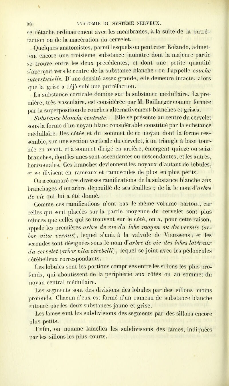 se détache ordinaire meut avec les membranes, à la suite de la putré- faction ou de la macération du cervelet. Quelques anatomistes, pai-mi lesquels on peut citer Rolando, admet- tent encore une troisième substance jaunâtre dont la majeure partie se trouve entre les deux précédentes, et dont une petite quantité s'aperçoit vers le centre de la substance blanche : on l'appelle couche Intersticielle. D'une densité assez grande, elle demeure intacte, alors que la grise a déjà subi une putréfaction. La substance corticale domine sur la substance médullaire. La pre- mière, très-vasculaire, est considérée par M. Baillarger comme formée par la superposition de couches alternativement blanches et grises. Stibstance blanche centrale.—Elle se présente au centre du cervelet sous la forme d'un noyau blanc considérable constitué par la substance médullaire. Des côtés et du sommet de ce noyau dont la forme res- semble, sur une section verticale du cervelet, à un triangle à base tour- née en avant, et à sommet dirigé en arrière, émergent quinze ou seize branches, dont les unes sont ascendantes ou descendantes, et les autres, horizontales. Ces branches de\iennent les noyaux d'autant de lobules, et se divisent en rameaux et ramuscules de plus en plus petits. On a comparé ces diverses ramifications de la substance blanche aux branchages d'un arbre dépouillé de ses feuilles ; de là le nomà'arbre de vie qui lui a été donné. Gomme ces ramifications n'ont pas le même volume partout, car celles qui sont placées sur la partie moyenne du cervelet sont plus minces que celles qui se trouvent sur le côté, on a, pour cette raison, appelé les premières arbre de vie du lobe moijen ou du vermis [ar- bor vitœ vermis), lequel s'unit à la valvule de Vieussens ; et les secondes sont désignées sous le nom d'arbre de vie des lobes latéraux du cervelet {arbor vitœ cerebelli), lequel se joint avec les pédoncules cérébelleux correspondants. Les lobules sont les portions comprises entre les sillons les phis pro- fonds, qui aboutissent de la périphérie aux côtés ou au sommet du noyau central médullaire. Les segments sont des divisions des lobules par des sillons moins profonds. Chacun d'eux est formé d'un rameau de substance blanche entouré par les deux substances jaune et grise. Les lames sont les subdivisions des segments par des sillons encore plus petits. Enfin, on nomme lamelles les subdivisions des lames, indiquées par les sillons les plus courts.