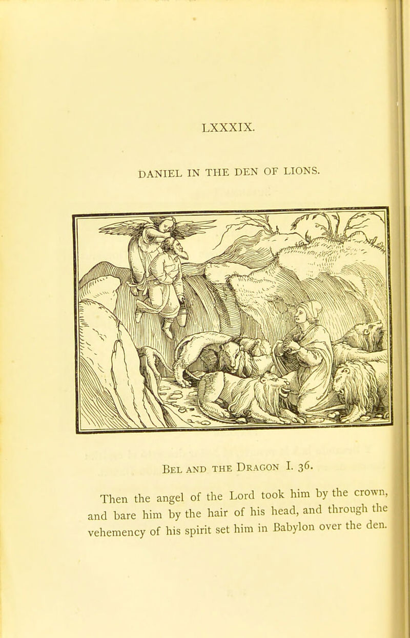 DANIEL IN THE DEN OF LIONS. Bel and the Dragon I. 36. Then the angel of the Lord took him by the crc and bare him by the hair of his head, and through vehemency of his spirit set him in Babylon over the c