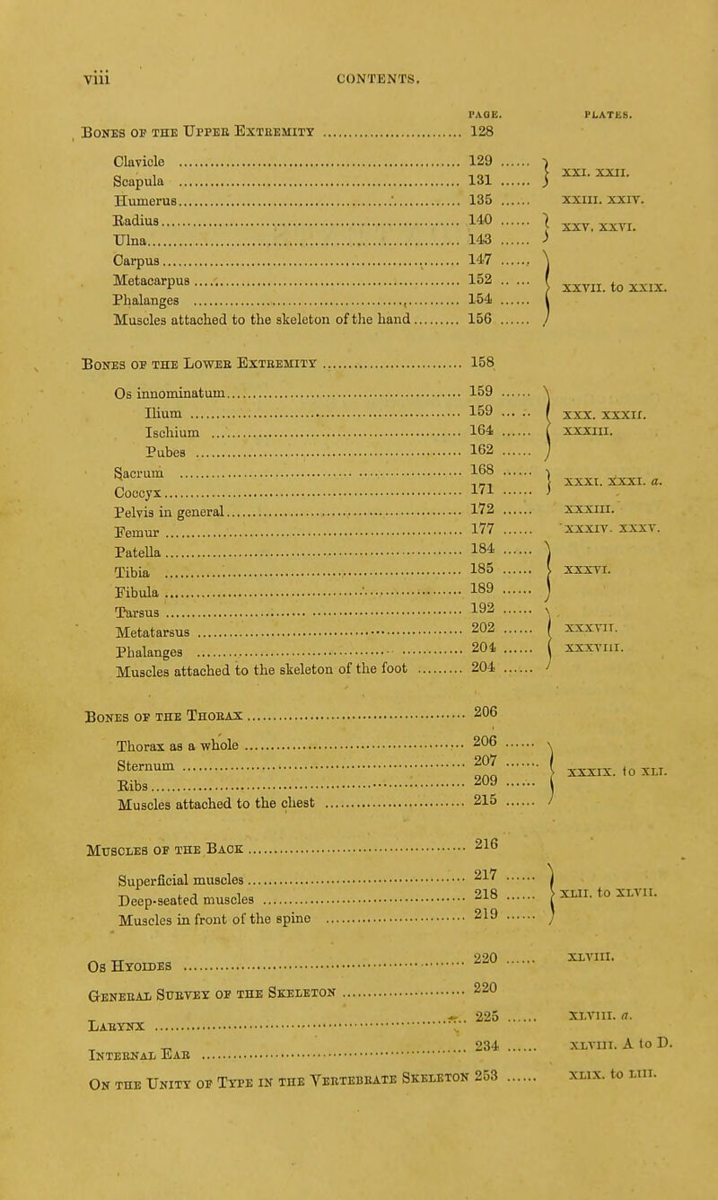 Bones op the Uppee Exteemitt 128 Clavicle 129 Scapula 131 Humerus 135 Eadius 140 Ulna 143 Carpus 147 Metacarpus..... 152 Phalanges 154 Muscles attached to the skeleton of tlie hand 156 Bones op the Loweb Bxteemity 158 Os innominatum 159 Ilium 159 Ischium 164 Pubes 162 Sacrum 168 Coccyx 171 Pelvis in general 172 Femur 177 PateUa 184 Tibia 185 Fibula •■■ 189 Tarsus 192 Metatarsus 202 Phalanges 201 Muscles attached to the skeleton of the foot 204 Bones op the Thoeax 206 Thorax as a whole ••• 206 Sternum 207 Eibs 209 Muscles attached to the chest 215 MusciiES op the Back 216 Superficial muscles 217 Deep-seated muscles 218 Muscles in front of the spine 219 OsHtoides 220 aENEEAI SXJETEX OP THE SKELETON 220 _ - . 225 Laeynx ,. 234 iNTEENAIi EaE On the Unity op Type in the Yertebeate Skeleton 253
