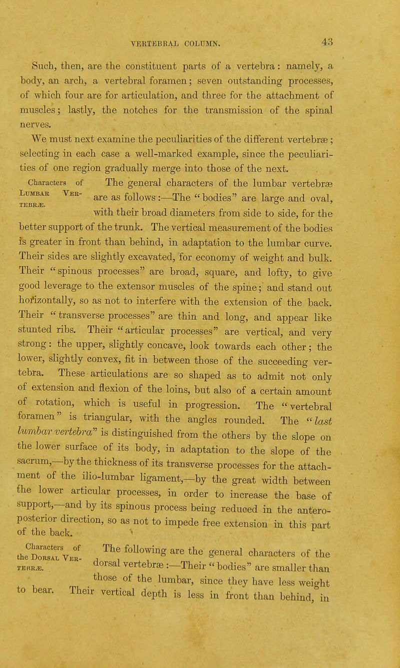 Such, then, are the constituent parts of a vertebra: namely, a body, an arch, a vertebral foramen; seven outstanding processes, of which four are for articulation, and three for the attachment of muscles; lastly, the notches for the ti-ansmission of the spinal nerves. We must next examine the peculiarities of the different vertebras ; selecting in each case a well-marked example, since the peculiari- ties of one region gradually merge into those of the next. Characters of The general characters of the lumbar vertebrae Lumbar Veb- f^^j^^^^ :_The bodies are large and oval, TEBRS;. ... with their broad diameters from side to side, for the better support of the trunk. The vertical measurement of tlae bodies is greater in front than behind, in adaptation to the lumbar curve. Their sides are slightly excavated, for economy of weight and bulk. Their spinous processes are broad, square, and lofty, to give good leverage to the extensor muscles of the spine; and stand out horizontally, so as not to interfere with the extension of the back. Their  transverse processes are thin and long, and appear like stunted ribs. Their articular processes are vertical, and very strong: the upper, slightly concave, look towards each other; the lower, slightly convex, fit in between those of the succeeding ver- tebra. These articulations are so shaped as to admit not only of extension and flexion of the loins, but also of a certain amount of rotation, which is useful in progression. The vertebral foramen is triangular, with the angles rounded. The last lumbar vertebra is distinguished from the others by the slope on the lower surface of its body, in adaptation to the slope of the sacrum,—by the thickness of its transverse processes for the attach- ment of the ilio-lumbar ligament,—by the great width between £he lower articular processes, in order to increase the base of support,—and by its spinous process being reduced in the antero- posterior direction, so as not to impede free extension in this part of the back. • i^'^'::^i\:L . ^^^^^^^ ^^--^t-^s of the TEHRiE. dorsal vertebrae :—Their  bodies are smaller than those of the lumbar, since they have less weight to bear. Their vertical depth is less in front than behind, in