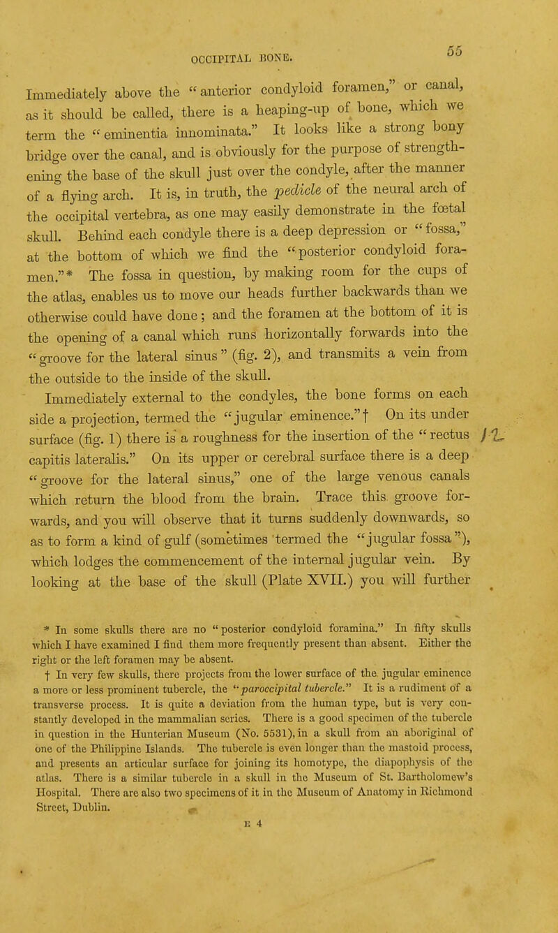 Immediately above tlie anterior condyloid foramen, or canal, as it should be called, there is a heaping-up of bone, which we term the « eminentia innominata. It looks like a strong bony bridge over the canal, and is. obviously for the purpose of strength- ening the base of the skull just over the condyle, after the manner of a flying arch. It is, in truth, the pedicle of the neural arch of the occipital vertebra, as one may easily demonstrate in the foetal skull. Behind each condyle there is a deep depression or fossa, at the bottom of which we find the  posterior condyloid fora- men.* The fossa in question, by making room for the cups of the atlas, enables us to move our heads further backwards than we otherwise could have done; and the foramen at the bottom of it is the opening of a canal which runs horizontally forwards into the groove for the lateral sinus (fig. 2), and transmits a vein from the ovitside to the inside of the skull. Immediately external to the condyles, the bone forms on each side a projection, termed the jugular eminence.! On its under surface (fig. 1) there is a roughness for the insertion of the rectus / I, capitis laterahs. On its upper or cerebral surface there is a deep groove for the lateral sinus, one of the large venous canals which return the blood from the brain. Trace this groove for- wards, and you will observe that it turns suddenly downwards, so as to form a kind of gulf (sometimes termed the jugular fossa), which lodges the commencement of the internal jugular vein. By looking at the base of the skull (Plate XVII.) you will further * In some skulls there are no posterior condyloid foramina. In fifty skulls which I have examined I find them more frequently present than absent. Either the right or the left foramen may be absent. t In very few skulls, there projects fi-om the lower surface of the. jugular eminence a more or less prominent tubercle, the '■ paroccipital tubercle. It is a rudiment of a transverse process. It is quite a deviation from the human type, but is very con- stantly developed in the mammalian series. There is a good specimen of the tubercle in question in the Hunterian Museum (No. 5531), in a skull from an aboriginal of one of the Philippine Islands. The tubercle is even longer than the mastoid process, and presents an articular surface for joining its homotype, the diapophysis of the atlas. There is a similar tubercle in a skull in the Museum of St. Bartholomew's Hospital. There are also two specimens of it in the Museum of Anatomy in llichmond Street, Dublin. ^ li 4