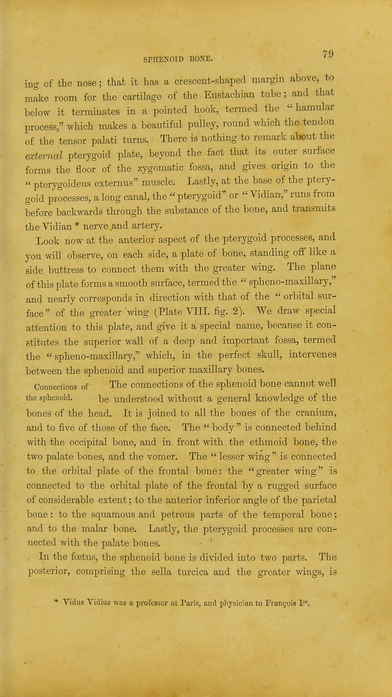 IBg „^ of the nose; that it has a crescent-shaped margin above, to make room for the cartilage of the Eustachian tube; and that below it terminates in a pointed hook, termed the hamular process, which makes a beautiful pulley, round which the tendon of the tensor palati turns. There is nothing to remark about the external pterygoid plate, beyond the fact that its outer surface forms the floor of the zygomatic fossa, and gives origin to the  pterygoideus externus muscle. Lastly, at the base of the ptery- goid processes, a long canal, the pterygoid or Vidian, runs from before backwards through the substance of the bone, and transmits the Vidian * nerve ,and artery. Look now at the anterior aspect of the pterygoid processes, and you will observe, on each side, a plate of bone, standing off like a side buttress to connect them with the greater wing. The plane of this plate forms a smooth surface, termed the  spheno-maxillary, and nearly corresponds in direction with that of the  orbital sur- face  of the greater wing (Plate VIII. fig. 2). We draw special attention to this plate, and give it a special name, because it con- stitutes the superior waU of a deep and important fossa, termed the spheno-maxillary, which, in the perfect skull, intervenes between the sphenoid and superior maxillary bones. Connections of The connections of the sphenoid bone cannot well the sphenoid. \)q imderstood without a general knowledge of the bones of the head. It is joined to all the bones of the cranium, and to five of those of the face. The  body  is connected behind with the occipital bone, and in front with the ethmoid bone, the two palate bones, and the vomer. The  lesser wing  is connected to the orbital plate of the frontal bone: the greater wing is coimected to the orbital plate of the frontal by a rugged surface of considerable extent; to the anterior inferior angle of the parietal bone: to the squamous and petrous parts of the temporal bone; and to the malar bone. Lastly, the pterygoid processes axe con- nected with the palate bones. - ' , In the foetus, the sphenoid bone is divided into two parts. The posterior, comprising the sella turcica and the greater wings, is ViduB Vidius was a professor at Paris, and physician to Francois I.