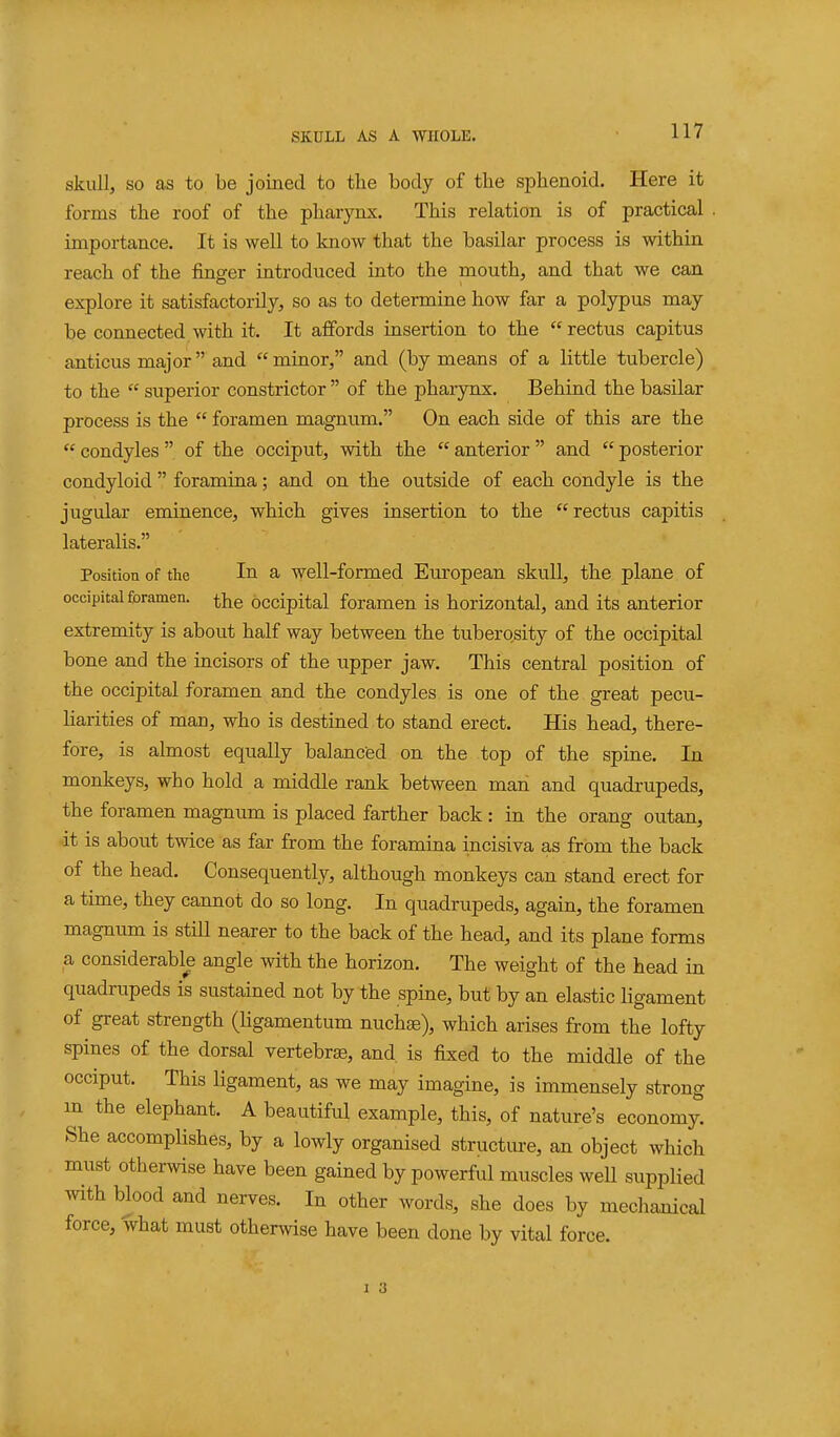 skull, so as to be joined to the body of the sphenoid. Here it forms the roof of the pharynx. This relation is of practical . importance. It is well to know that the basilar process is within reach of the finger introduced into the mouth, and that we can explore it satisfactorily, so as to determine how far a polypus may be connected with it. It affords insertion to the  rectus capitus anticus major and  minor, and (by means of a little tubercle) to the  superior constrictor  of the pharynx. Behind the basilar process is the  foramen magnum. On each side of this are the  condyles  of the occiput, with the  anterior  and  posterior condyloid  foramina; and on the outside of each condyle is the jugular eminence, which gives insertion to the  rectus capitis lateralis. Position of the In a well-formed European skull, the plane of occipital foramen, ^he occipital foramen is horizontal, and its anterior extremity is about half way between the tuberosity of the occipital bone and the incisors of the upper jaw. This central position of the occipital foramen and the condyles is one of the great pecu- liarities of man, who is destined to stand erect. His head, there- fore, is almost equally balanced on the top of the spine. In monkeys, who hold a middle rank between man and quadrupeds, the foramen magnum is placed farther back : in the orang outan, it is about twice as far from the foramina incisiva as from the back of the head. Consequently, although monkeys can stand erect for a time, they cannot do so long. In quadrupeds, again, the foramen magnum is still nearer to the back of the head, and its plane forms a considerable angle with the horizon. The weight of the head in quadrupeds is sustained not by the spine, but by an elastic ligament of great strength (Kgamentum nucha;), which arises from the lofty spines of the dorsal vertebrae, and is fixed to the middle of the occiput. This ligament, as we may imagine, is immensely strong in the elephant. A beautiful example, this, of nature's economy. She accomplishes, by a lowly organised structm-e, an object which must otherwise have been gained by powerful muscles well supplied with blood and nerves. In other words, she does by mechaaiical force, what must otherwise have been done by vital force.