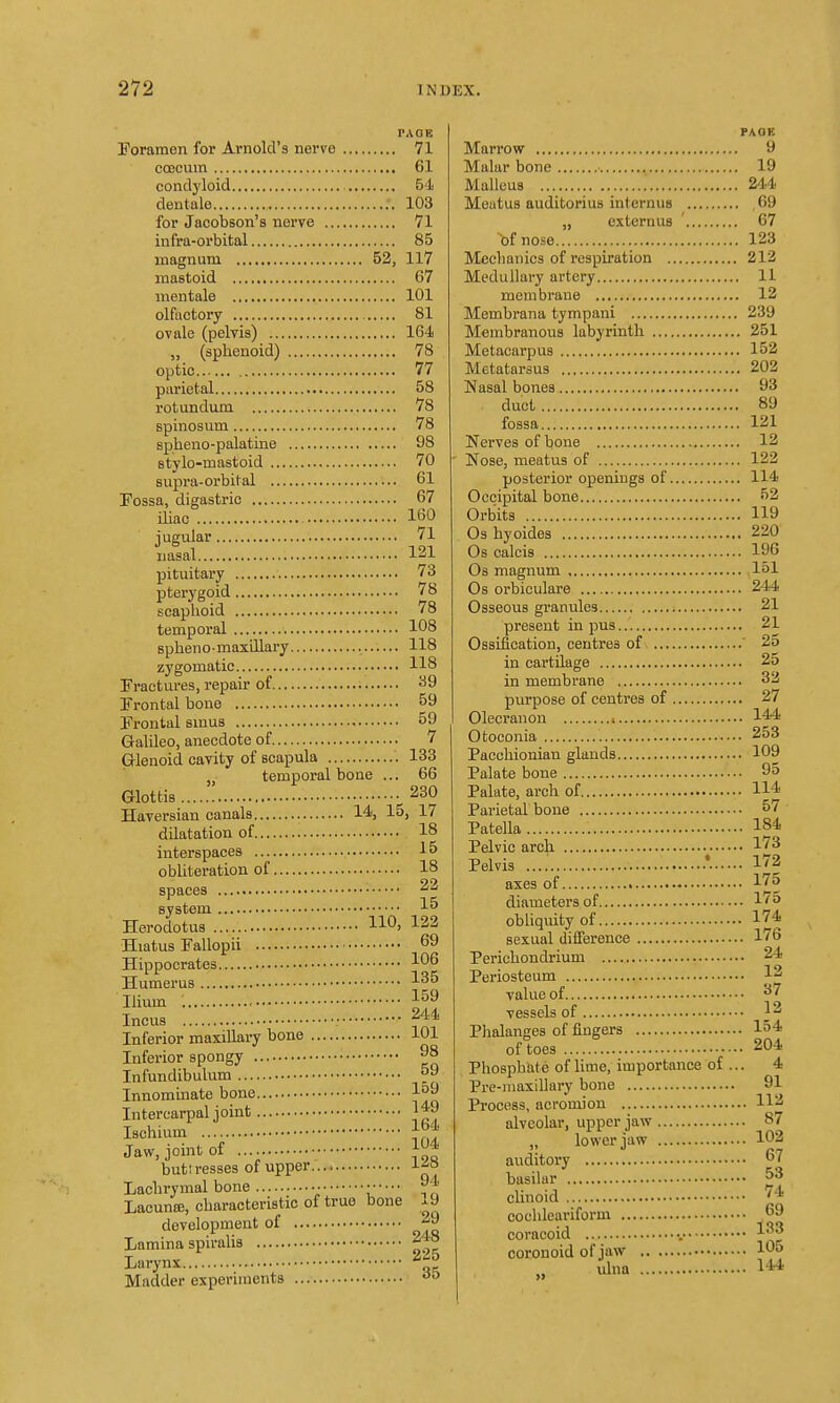 PAQE Foramen for Arnold's nerve 71 cojcum 61 condyloid 64 dent ale 103 for Jacobson's norve 71 infra-orbital 85 magnum 52, 117 mastoid 67 mentale 101 olfactory 81 ovale (pelvis) 164 (sphenoid) 78 optic 77 parietal 58 rotundum 78 spmosum 78 spheno-palatine 98 stylo-mastoid 70 supra-orbital 61 Fossa, digastric 67 iliac 160 jugular 71 nasal 121 pituitary 73 pterygoid 78 scaphoid 78 temporal 108 sphenomaxillary 118 zygomatic 118 Fractures, repair of ^^9 Frontal bone 59 Frontal smus 59 Galileo, anecdote of 7 Glenoid cavity of scapula 133 „ temporal bone ... 66 Glottis 230 Haversian canals 14, 15, 17 dilatation of 18 interspaces 15 obliteration of 18 spaces 23 system 15 Herodotus HO' ^22 Hiatus Fallopii 69 Hippocrates Humerus ■'■^5 Hium 159 Incus • 244 Inferior maxillary bone 101 Inferior spongy 98 Infundibulum 59 Innommate bone 159 Intercarpal joint 1*9 Ischium 1°|' Jaw, joint of I^-^' buti resses of upper J-^o Lachrymal bone ■ • ^4 Lacunce, characteristic of true bone 19 development of 29 Lamina spiralis 248 Lrynx 225 Madder experunents PAGE Marrow 9 Malar bone 19 Malleus 244 Meatus auditorius internus ,69 „ externuB ' 67 of nose 123 Mechanics of respiration 213 Medullary artery 11 membrane 12 Membrana tympani 239 Membranous labyrinth 251 Metacarpus 152 Metatarsus 203 Nasal bones 93 duct 89 fossa 121 Nerves of bone 12 ' Nose, meatus of 122 posterior openings of 114 Occipital bone 52 Orbits 119 Os hyoides 220 Os Calais 196 Os magnum 151 Os orbiculare 244 Osseous granules i 21 present in pus... 21 Ossification, centres of ' 2o in cartilage 25 in membrane 33 purpose of centres of 27 Olecranon 1*4 Otoconia 253 Pacchionian glands 109 Palate bone 9o Palate, arch of 114 Parietal bone 57 Patella 184 Pelvic arch 1'^ Pelvis •'. 172 axes of 175 diameters of 1'5 obliquity of 174 sexual difference 176 Perichondrium 24 Periosteum 12 value of ^7 vessels of }2 Phalanges of fingers 154 of toes 204 Phosphate of lime, importance of ... 4 Pre-maxiUary bone 91 Process, acromion 112 alveolar, upper jaw 87 „ lower jaw 102 auditory 67 basilar 53 clinoid '4 cochleai'iform 69 coracoid •, 1^^ coronoid of jaw 10^ ulna 144