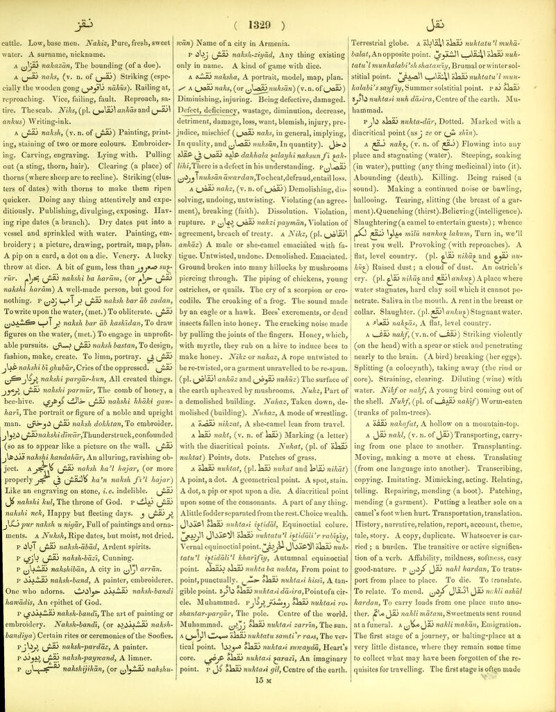 cattle. Low, basemen. i\raAi2:, Pure, fresh, sweet water. A surname, nickname. A nahazan, The bounding (of a doe). A nalis, (v. n. of Striking (espe- cially the wooden gong nakus). Railing at, reproaching. Vice, failing, fault. Reproach, sa- tire. The scab. Nihs, (pi. ;_>»»\iu\ ankas and (jJu^ anhus) Writing-ink. A naksh, (v. n. of Painting, print- ing, staining of two or more colours. Embroider- ing. Carving, engraving. Lying with. Pulling out (a sting, thorn, hair). Clearing (a place) of thorns (where sheep are to recline). Striking (clus- ters of dates) with thorns to make them ripen quicker. Doing any thing attentively and expe- ditiously. Publishing, divulging, exposing. Hav- ing ripe dates (a branch). Dry dates put into a vessel and sprinkled with water. Painting, em- broidery ; a picture, drawing, portrait, map, plan. A pip on a card, a dot on a die. Venery. A lucky throw at dice. A bit of gum, less than jjjxo su^ rur. ^j^, (jiiu nakslii ha haram, (or p^s* nakshi hardm) A well-made person, but good for nothing, p ^jiij 1 j> (jiio nahsli bar ab zadan, To write upon the water, (met.) To obliterate. ;j£ib f^SiJ^^So L-JI J) naksh bar ab hashidan, To draw figures on the water, (met.) To engage in unprofit- able pursuits. ^Jw^ naksh bastan, To design, fashion, make, create. To limn, portray, jj, i^JiSO jUs- nakshi bi ghubar, Cries of the oppressed, (jiii) j^^£»jlS^, nakshi pargar-kun, All created things, jj*^. U^*i*^ nakshi parmur, The comb of honey, a bee-hive. \J^^^ tdJlp- nakshi khaki gaw- hari, The portrait or figure of a noble and upright man. (J^j>-jii ;ji.H3 naksh dohhtan, To embroider. j^^.ii^jiiuwa^s/t/(^zw«7',Thunderstruck,confounded (so as to appear like a picture on the wall. (jSJu jlfriijj nakshi kandahar, An alluring, ravishing ob- ject. Aj^% naksh ka'l hajar, (or more properly ^^ QtKj3\^ ka'n naksh f 'l'l hajar) Like an engraving on stone, i. e. indelible, ^Ji nakshi kul, The throne of God. p ^^^^ nakshi nek, Happy but fleeting days, j j> pur naksh u nigar, Full of paintings and orna- ments. A Nuhsh, Ripe dates, but moist, not dried, p lib I (jSib naksh-abad, Ardent spirits, p (jS>S^ naksh-bazi, Cunning, p ^jlxiJU nakshiban, A city in ^^J\ arran. p naksh-hand, A painter, embroiderer. One who adorns. ^yxiJ^ naksh-bandi hawadis, An epithet of God. p naksh-bandi, The art of painting or embroidery. Naksh-bandi, (or e^j^Z^ naksh- bandiya) Certain rites or ceremonies of the Soofies. pj^ii;^ f^J^ naksh-pardaz, A painter. Piijjjo ^jiiu naksh-paymand, A limner, p (jLj_:tf^ nakshijihan, (or ^^^jilJij nakshu- ( 1329 ) wan) Name of a city in Armenia. p tibj nahsh-ziyad, Any thing existing only in name. A kind of game with dice. A isJlso naksha, A portrait, model, map, plan. ^ A t^jaSOnahs, (or ^^^^toSO nuksan) (v.n.of(^fl3) Diminishing, injuring. Being defective, damaged. Defect, deficiency, wastage, diminution, decrease, detriment, damage, loss, want, blemish, injury, pre- judice, mischief ({.jaiu nahs, in general, implying, In quality, and ^jl<aa3 nuhsan, In quantity). Ji-ii edaff- (_j y)aiu aoAS' dakhala ^layhi naksunfi ^k- lihi,There is a defect in his understanding. p^jlo.ai 1 nuksdn dwardan,To cheat,defraud,entail loss. A (.^aai nakz, (v. n. of tjoiiS) Demolishing, dis- solving, undoing, untwisting. Violating (an agree- ment), breaking (faith). Dissolution. Violation, rupture, p ^^W^. nakzipayman, Violation of agreement, breach of treaty, a Nikz, (pi. ;^Ui3^ ankdz) A male or she-camel emaciated with fa- tigue. Untwisted, undone. Demolished. Emaciated. Ground broken into many hillocks by mushrooms piercing through. The piping of chickens, young ostriches, or quails. The cry of a scorpion or cro- codile. The croaking of a frog. The sound made by an eagle or a hawk. Bees' excrements, or dead insects fallen into honey. The cracking noise made by pulling the joints of the fingers. Honey, which, with myrtle, they rub on a hive to induce bees to make honey. Nikz or nahaz, A rope untwisted to be re-twisted,or a garment unravelled to be re-spun, (pi. ankaz and i^ja^ nuhuz) The surface of the earth upheaved by mushrooms. Nukz, Part of a demolished building. Nahaz, Taken down, de- molished (building). Nukaz, A mode of wrestling. A 'i,taSO nikzat, A she-camel lean from travel. A lai> nakt, (v. n. of kiu) Marking (a letter) with the diacritical points. Nukat, (pi. of &laH3 nuktat) Points, dots. Patches of grass. A ftlaiu nuktat, (pi. law mikat and l^Uu nikdt) A point, a dot. A geometrical point. A spot, stain. A dot, a pip or spot upon a die. A diacritical point upon some of the consonants. A part of any thing. Alittle fodder separated from the rest. Choice wealth. (J\ii.i5'\ &laa3 nuktasi i^idal, Equinoctial colure. ^x>Ji\ J\^>a5-^\ &laa> nuhtatu'l i^iddli'r rabi^y, Vernal equinoctial point. J\iXkS-^l S.laa3 nuh- tatu'l i^iddli'l hharifty, Autumnal equinoctial point, edaii^ elaSj nukta ba nukta. From point to point, punctually. skai nuktasi hissi, A tan- gible point. &laai nuktasi ddsira,Vomtoia cir- cle. Muhammad, pjiji^J^^jt^aSO nuktaA ro- shantar-j)argar. The pole. Centre of the world. Muhammad, (j^jj alaib nuktasi zarrin, The sun. A {^\Ji \ 'ilaiu nuhtatu samtVr rass. The ver- tical point. \d^,yj^ Viaso nuktan suwaydd, Heart's core. edaiu nuktad ^razi. An imaginary point, p &ksu nuktasi gil, Centre of the earth. 15 m Terrestrial globe, a &blH]t^ iJaoi nuktaiu'l mukd- ftaZa^, An opposite point. j^^liJl ^,^^xX\'ilah nuk- tatu''l munkalabi'sh shaia7v'iy,'Bnima,] or winter sol- stitial point, i^ajuai^ iiliH3 nuktatu'l mun- 7;«Za^j's4ta?(/^?/, Summer solstitial point. pe6 t^aSO !Jjj\i5 nuktasi nuk ddsira, Centre of the earth. Mu- hammad. p^lti eJaiii nukta-ddr, Dotted. Marked with a diacritical point (asj ze or (_)^ shin). A nak^ (v. n. of ^a->) Flowing into any place and stagnating (water). Steeping, soaking (in water), putting (any thing medicinal) into (it). Abounding (death). Killing. Being raised (a sound). Making a continued noise or bawling, hallooing. Tearing, slitting (the breast of a gar- ment).Quenching (thirst).Believing(intelligence). Slaughtering (a camel to entertain guests); whence w'llu nanka^lakum, Turn in, we'll treat you well. Provoking (with reproaches). A flat, level country, (pi. ^liu nihd^aud nu- ku^ Raised dust; a cloud of dust. An ostrich's cry. (pi. ^Ift3 nihd^and ^sbl anku^ A place where water stagnates, hard clay soil which it cannot pe- netrate. Saliva in the mouth. A rent in the breast or collar. Slaughter, (pi. |*H3\ «w/;t<^) Stagnant water. A nak^ts, A flat, level country. A i__flai nakf, (v.n.of u-ftiu) Striking violently (on the head) with a spear or stick and penetrating nearly to the brain. (A bird) breaking (her eggs). Splitting (a colocynth), taking away (the rind or core). Straining, clearing. Diluting (wine) with water. Nikf or nakf, A young bird coming out of the shell. Nukf, (pi. of i hisj nakif) Worm-eaten (trunks of palm-trees). A nahafat, A hollow on a mountain-top. A ijib nakl, (v. n. of ^^M) Transporting, carry- ing from one place to another. Transplanting. Moving, making a move at chess. Translating (from one language into another). Transcribing, copying. Imitating. Mimicking, acting. Relating, telling. Repairing, mending (a boot). Patching, mending (a garment). Putting a leather sole on a camel's foot when hurt. Transportation, translation. History, narrative,relation, report, account, theme, tale, story. A copy, duplicate. Whatsoever is car- ried ; a burden. The transitive or active significa- tion of a verb. AflTability, mildness, softness, easy good-nature, p ^j^^ J-^ nakl kardan. To trans- port from place to place. To die. To translate. To relate. To mend. ^^iS^ J\ii-i\ Jiu tiakU askdl kardan, To carry loads from one place unto ano- ther. ,JJb nakli mdtani, Sweetmeats sent round at a funeral, a ^'sj nakli makdri, Emigration. The first stage of a journey, or halting-place at a very little distance, whei-e they remain some time to collect what may have been forgotten of the re- quisites for travelling. The first stage is oftqn made