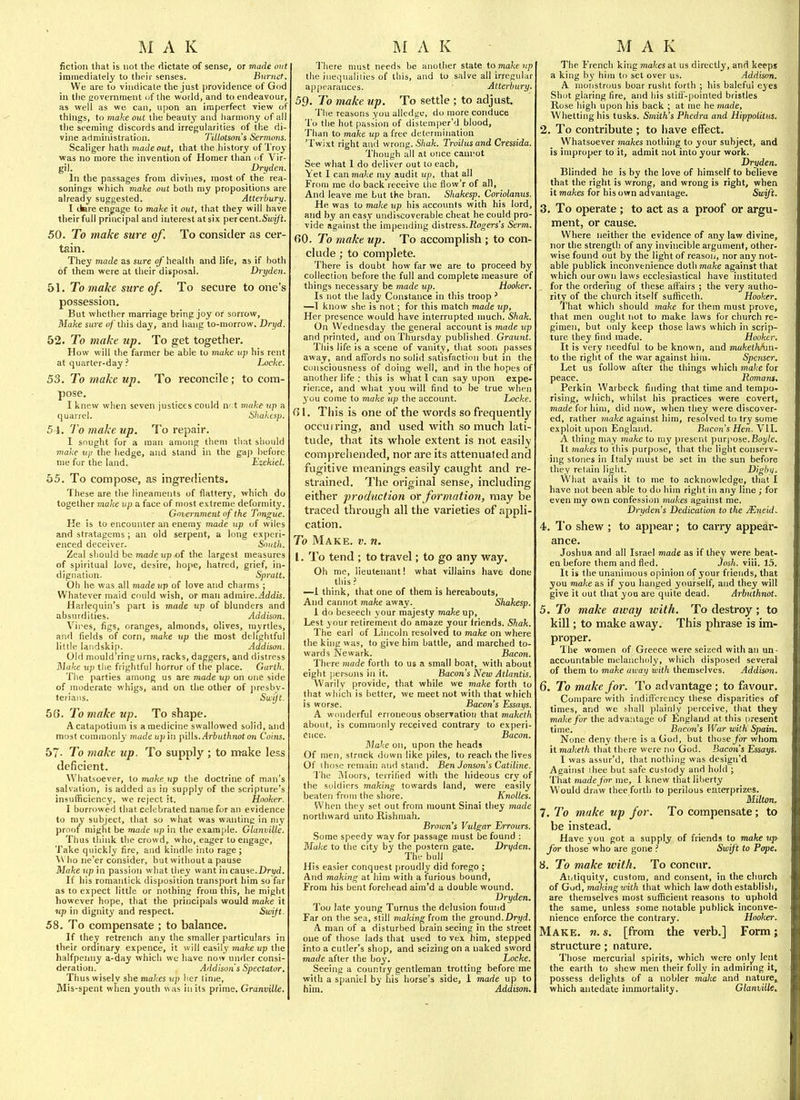 fiction that is not the dictate of sense, or made out immediately to their senses. Burnet. We are to vindicate the just providence of God in the government of the world, and to endeavour, as well as we can, upon an imperfect view of things, to make out the beautj' and harmony of all the seeming discords and irregularities of tl;e di- vine administration. TiUotso7is Sermoiis. Scaliger hath made out, that the history of Troy was no more the invention of Homer than of Vir- gil. Dryden, In the passages from divines, most of the rea- sonings which make out both my propositions are already suggested. Atterhury. I ttare engage to mahe it out, that they will have their full principal and interest at six percent.Sioj/t. 50. To make sure of. To consider as cer- tain. They made as sure of health and life, as if both of them were at their disposal. Dryden. b\. To make sure of . To secure to one's possession. But whether marriage bring joy or sorrow, Make sure o/this day, and hang to-morrow. Dryd. 52. To make up. To get together. How will the farmer be able to make jip his rent at quarter-day ? Locke. 53. To make up. To reconcile; to com- pose. I knew when seven justices could n-.t make up a (juarrel. Shahcsj). 5 i. 7 0 make up. To repair. I sought for a man among them that should make tip the hedge, and stand in the gap before me for the land. Ezekiel. b5. To compose, as ingredients. These are the lineaments of flatterj', wbicb do together make vp a face of most extreme deformity. Government o f the Tongue. He is to encounter an enemy made up of wiles and stratagems; an old serpent, a long experi- enced deceiver. South. Zeal should be jTiorfeitp.of the largest measures of spiritual love, desire, hope, hatred, grief, in- dignation. Spralt. Oh he was all made up of love and charms ; Whatever maid could wish, or man admue.Addis. Harlequin's part is made up of blunders and absurdities. Addison. Vires, figs, oranges, almonds, olives, myrtles, and fields of corn, mafce up the most delightful little laiidskip. Addison. Old mould'ring urns, racks, daggers, and distress ]\lake up the frightful horror of tlie place. Garth. The parties among us are made up on one side of moderate whigs, and on the other of jiresby- teriaiis. Swijt. 56. To make up. To shape. Acatapotium is a medicine swallowed solid, and most commonly inade up in pills./trfcutAnot on Coins. 57- To make up. To supply ; to make less deficient. Whatsoever, to make up the doctrine of man's salvation, is added as in supply of the scripture's insufficiency, we reject it. Hooker. I borrowed that celebrated name for an evidence to my subject, that so what was wanting in my proof might be made up in the example. Glanville. Thus think the crowd, who, eager to engage, Take quickly fire, ajid kindle into rage; A\ ho ne'er consider, but without a pause Make lip in passion what they want in cause.Dryd. If his roniantick disposition transport him so far as to expect little or nothing from this, he might however hope, that the principals would make it np in dignity and respect. SwiJt. 58. To compensate ; to balance. If they retrench any the smaller particulars in their ordinary expence, it will easily make up the halfpenny a-day which we have now under consi- deration. Addison's Spectator. Thus wisely she makes tip her time, Mis-spent wlien youth was in its prime. Granville. There must needs be another state io makeup the iuequalilics of this, and to salve all irregular appearances. Atterhury. 59. To make up. To settle ; to adjust. 'J'he reasons you alledge, do more conduce To the hot passion of distemper'd blood. Than to make up a free determination 'Twixt right and wrong. Shak. Troilusand Cressida. Though all at once canrot See what I do deliver out to each. Yet I can make my audit up, that all From me do back receive the flow'r of all. And leave me but the bran. Shakesp. Coriolanus. He was to make up his accoimts with his lord, and by an easy undiscoverable cheat he could pro- vide against the impending distress.Roo-m's Serm. fiO. To make up. To accomplish ; to con- clude ; to complete. There is doubt how far we are to proceed by collection before the full and complete measure of things necessary be made up. Hooker. Is not the lady Constance in this troop ' —1 know she is not; for this match made up, Her presence would have interrupted nmch. Shak. On Wednesday the general account is inade up and printed, and on Thursday published. Graunt. This life is a scene of vanity, that soon passes away, and affords no solid satisfaction but in the consciousness of doing well, and in the hopes of another life : this is what I can say upon expe- rience, and what you will find to be true when you come to make up the account. Locke. G1. This is one of the words so frequently occurring, and used with so much lati- tude, that its whole extent is not easily comprehended, nor are its attenuated and fugitive meanings easily caught and re- strained. The original sense, including either production or formation, may be traced through all the varieties of appli- cation. To Make. v. n. I. To tend ; to travel; to go any way. Oh me, lieutenant! what villains have done this —I think, that one of them is hereabouts. And cannot make away. Shakesp. 1 do beseech your majesty makeup, Lest your retirement do amaze your friends. Shak. The earl of Lincoln resolved to make on where the khig was, to give him battle, and marched to- wards Newark. Bacon. There made forth to us a small boat, with about eight jiersons in it. Bacon's New Atlantis. Warily provide, that while we make forth to that which is better, we meet not with that which is worse. Bacon's Essays. A wonderful erroneous observation that maketh about, is commonly received contrary to experi- ence. Bacon. Make on, upon the heads Of men, struck down like piles, to reach the lives Of Ihosc remain and stand. Ben Jonson's Catiline. The Moors, terrified with the hideous cry of the soldiers making towards land, were easily beaten from the shore. Knolles. When they set out from mount Sinai they made northward unto Rishmah. Broion's Vulgar Errours. Some speedy way for passage must be found : Ma/v-e to the city by the postern gate. Dryden. The bull His easier conquest proudly did forego ; And making at him with a furious bound. From his bent forehead aim'd a double wound. Dryden. Too late young Turnus the delusion found Far on the sea, still making from the ground.Dri/d. A man of a disturbed brain seeing in the street one of those lads that used to vex him, stepped into a cutler's shop, and seizing on a naked sword made after the boy. Locke. Seeing a country gentleman trotting before me with a spaniti by fiis horse's side, 1 made up to him. Addison. The French king makes at us directly, and keeps a king by him to set over us. Addison. A monstrous boar rusht forth ; his baleful eyes Shot glaring fire, and his stiff-pointed bristles Rose high upon his back ; at me he made. Whetting his tusks. Smith's Phedra and Hippolitus. 2. To contribute ; to have effect. Whatsoever makes nothing to your subject, and is improper to it, admit not into your work. Dryden. Blinded he is by the love of himself to believe that the riglit is wrong, and wrong is right, when it makes for his own advantage. Swif t. 3. To operate ; to act as a proof or argu- ment, or cause. Where neither the evidence of any law divine, nor the strength of any invincible argument, other- wise found out by the light of reason, nor any not- able publick inconvenience doth make against that which our own laws ecclesiastical have instituted for the ordering of these affairs ; the very autho- rity of the church itself sufficeth. Hooker. j'hat which should make for them must prove, that men ought not to make laws for church re- gimen, but only keep those laws which in scrip- ture they find made. Hooker. It is very needful to be known, and makethAm- to the right of the war against him. Spenser. Let us follow after the things which make for peace. Romans. Perkin Warbeck fijiding that time and tempo- rising, which, whilst his practices were covert, made for him, did now, when they were discover- ed, rather make against him, resolved to try some exploit upon England. Bacon's Hen. VII. A thing may make to my present purpose.Bo]//e. It makes to this purpose, that the liglit conserv- ing stones in Italy must be set in the sun before they retain light. Dighij. What avails it to me to acknowledge, that I have not been able to do him right in any line ; for even my own confession makes against me. Dryden's Dedication to the Mneid. 4. To shew ; to appear; to carry appear- ance. Joshua and all Israel made as if they were beat- en before ihera and fled. Josh. viii. 15. It is the unanimous opinion of your friends, that you make as if you hanged yourself, and they will give it out that you arc quite dead. Arhuthnot. 5. To make away with. To destroy; to kill; to make away. This phrase is im- proper. The women of Greece were seized with an un- accountable melancholy, which disposed several of them to make au-ay with themselves. Addison. 6. To make for. To advantage ; to favour. Compare with indiff'crency these disparities of times, and we shall plainly perceive, that they make for the advantage of England at this present time. Bncm's War with Spain. None deny there is a God, but those^in- whom it maketh that there were no God. Bacon's Essays. I was assur'd, that nothing was dcsign'd Against ihee but safe custody and hold ; That made for me, i knew that liberty Would draw thee forth to perilous entcrprizes. Milton. 7. To make up for. To compensate; to be instead. Have you got a supply of friends to make up^ for those who are gone ? Swift to Pope. 8. To make with. To concur. Ai/tiquity, custom, and consent, in the church of God, makingwith that which law doth establish, are themselves most sufficient reasons to uphold the same, unless some notable publick inconve- nience enforce the contrary. Hooker. Make. n. s. [from the verb.] Form; structure; nature. Those mercurial spirits, which were only lent the earth to shew men their foll^' in admiring it, possess delights of a nobler make and nature^ which antedate immortality. Glanville^