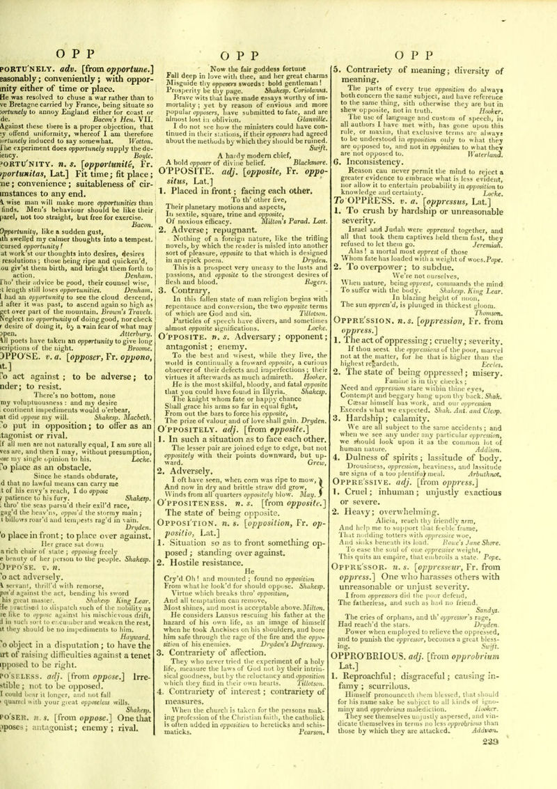 portu'nely. adv. \irom opportune,^ easonably; conveniently ; with oppor- inity either of time or place. He was resolved to chuse a war rather than to ve Bretagne carried hy France, being situate so jortuncly to annoy England either for coast or de. Bacon's Hen. VII. Against tliese tliere is a proper objection, that ;y offend uniformity, whereof I am therefore iiirtunely induced to say somewhat. Wottnn. I lie experiment does opportunely supply the de- iency. Boyle. ^ortu'nity. n, s. [opportunity, ¥r. }portunitas, Lat] Fit time; fit place; ne; convenience ; suitableness of cir- imstances to any end. !\. wise man will make more opportunities than finds. Men's behaviour should be like their pare!, not too straight, but free for exercise. Bacon. Onpcrtunitif, like a sudden gust, itn swelled my calmer thoughts into a tempest. cursed opportimitif! at work'st our thoughts into desires, desires resolutions; tliose being ripe and (piicken'd, ou giv'st them birth, and briiig'st them forth to action. Denham. riio' their advice be pood, their counsel wise, :l length still loses opportunities. Denham. I had an opprntunity to see the cloud descend, i after it was past, to ascend again so high as get orer part of the mountain. Brown's Travels. Neglect no i)/);wr(urt!ii/of doing good, nor check r desire of doing it, by a rain fear of what may 3Pen. Atterbitry. \)l poets have taken an oppartunity to give long icriptions of the night. Broome, OPPO SE. V. a. [opposer, Fr, oppono, It] ro act against ; to be adverse; to nder; to resist. There's no bottom, none my volu])tuousness : and my desire continent iiii|)ediments would o'erbear, at did i'p/)i)se my will. Shakesp. Macbeth. put in opposition; to offer as an itagonist or rival. [f all men are not naturally equal, I am sure all ves are, and then I may, without presumption, lOte my single opinion to his. Locke, io place as an obstacle. Since he stands obdurate, d that no lawful means can carry me t of his envy's reach, I do oppose i patience to his fury. Shakesp. . tliro' the seas pursu'd their e.xil'd race, gai»'d the hcav'ns, oppos'd the stormy main ; I billows roar'd and tempests rag'd in ■. ain. Dryden. 0 place in front; to place over against. Ilcr grace sat down a rich cliair of slate ; opposing freely e braiity of her person to the people. Shakesp. [)l'PO'sK. T. 11. act adversely. \ servant, llirili'd with remorse, pos'd ai^'ainst the act, bending his sv.'ord his gieat master. Shakesp Kin^ Lear. He i racliseil to dispatch such of the nobility as re like to oj>pttsc against liis mischievous drift, [I in 'such .'•o't to cr.cumber and wcakt n the rest. It ihey should be no imiiediiuenls to him. Huyicard. ^0 object in a disputation; to have the u*t of raising difficulties against a tenet ipposed to be riglit. PO'SF.LESS. adj. [from oppose.] Irre- stible ; not to be opposed. 1 could hear it loneer, and not fall > quarrel with your gieat opposelcss wills. Shakes}). PO SER, n.s. [from oppose] One that .)pose»; antagonist; enemy ; rival. Now the fair goddess fortune Fall deep in love with thee, and her great charms Misguide thy opposers swords: bold gentleman ! Prosjierity he tliy page. Shakesp. Coriulannt. Brave wits that have made essays worthy of im- mortality ; yet by reason of envious and more popular i)p/juscrs, have submitted to fate, and are almost lost i:i oblivion. Glanville. I (h) not see how the ministers could have con tinued in their stations, if their opposers had agreed about the methods bv which thev should be ruined. ^ _ Swift. A hardy modem chief, A bold o/jposer of divine belief. Blackmore. O'PPOSITE. adj. [opposite, Fr. oppo- situs, Lat.] 1. Placed in front; facing each other. To th' other five. Their planetary motions and aspects. In sextile, square, trine and opposite, Of noxious eflicacy. Milton's Farad, host. 2. Adverse; repugnant. Nothing of a foreign nature, like the trifling novels, by which the reader is misled into another sort of pleasure, opposite to that which is designed in an cpick poem. Dryden. This is a prospect very uneasy to the lusts and passions, and opposite to tlie strongest desires of ilesh and blood. Rogers. 3. Contrary. In this fallen state of man religion begins vfith re[)entance and conversion, the two opposite terms of whicii are God and sin. Tillotson. Particles of speech have divers, and sometimes almost opposite significations. Locke. O'pposiTE. n.s. Adversary; opponent; antagonist; enemy. To the best and wisest, while they live, the woild is continually a froward opposite, a curious observer of their defects and imperfections ; their virtues it afterwards as much admireth. Hooker. He is the most skilful, bloody, and fatal opposite that you could have found iu lllyria. Shakesp. The knight whom fate or happy chance Shall grace his arras so far in equal fight. From out the bars to force his opposite. The prize of valour and of love shall gain. Dryden. O'pposiTELY. adj. [from opposite.] 1. In such a situation as to face each other. The lesser pair are joined edge to edge, hut not oppositely with their points downward, but up- ward. Grew, 2. Adversely. I oft have seen, when corn was ripe to mow, 'i And now in dr^' and brittle straw did grow, > Winds from all quarters oppositely blow. May. J O'pposiTENESs. n. s. [from opposite.] The state of being opposite. Opposition, n. s. [opposition, Fr. op- posit io. L.it.] 1. Situation so as to front something op- posed ; standing over against. 2. Hostile resistance. He Cry'd Oh ! and mounted ; found no opposition From w hat he look'd for should oppose. Sliakesp. Virtue which breaks thro' opposition, And all temptation can remove. Most shines, and most is acceptable above. MiVton. He considers Lausus rescuing his father at the hazard of his own life, as an image of himself when he took Anchiscs on his shoulders, and bore him safe througli the rage of the fire and the oppo- sition of his enemies. Dryden's Diijrcsnoy. 3. Contrariety of affection. They w ho never tried the experiment of a holy life, measure the laws of God not 'oy their intrin- sical goodness, hut by the reluctancy and o;>/)os)tion which they find in their own hearts. I'illotson, 4. Contrariety of interest; contrariety of measures. When the church is taken for the peisons mak- ing profession of the Christian failli, the catholick is utten added in opposition to hereticks and schis- maticks. Pearson. 5. Contrariety of meaning; diversity of meaning. The parts of every true opposition do always both concern the same subject, and have reference to the same thing, sith otherwise they are but in shew opposite, not in truth. H.tokcr. The use of language and custom of speech, in all authors I have met with, has gone upon this rule, or iiiaxiui, that exclusive terms are always to be understood in ofiposition only to what they are opposed to, and not in op;)6ji(ioii to what they are not o|)posi d to. Walerlani. 6. Inconsistency. Reason can never permit the mind to reject a greater evidence to embrace what is less evident, nor allow it to entertain probability in opposititm to know ledge and certainty. Locke. To OPPRESS. V. a. [oppressus, Lat.] 1. To crush by hardship or unreasonable severity. Israel and Judah were oppressed together, and all that took them captives held them fast, they refused to let theru go. Jeremiah. Alas ! a mortal most opprest of those Whom fate has loaded with a weight of woes.Pope. 2. To overpower; to subdue. We're not ourselves. When nature, being opprest, commands tlie mind To suffer with the body. Shakesp. King Lear. In blazing height of noon. The sun oppress'd, is plunged in thickest gloom. Thomson, Oppre'ssion. n.s. [oppression, Fr. from opp7-ess,] 1. The act of oppressing; cruelty; severity. If thou seest the ojypressions of the poor, marvel not at the matter, for he that is higher than the highest re|ardelh. I'.ccles. 2. The state of being oppressed ; misery. Famine is in thy ciiecks ; Need and oppresuon stare wiihin thine eyes. Contempt and beggary hang upon thy back.S^afc. Caisar himself has work, and our ujipretsion Exceeds what we expected. Shak, Ant. and Clcop. 3. Hardship; calamity. We are all subject to the same accidents; and when we see any under any particular Ojipression, we s^lould look upon it as the common lot of human nature. Addison. 4. Dulness of spirits ; lassitude of body. Drousiness, oppression, heaviness, and lassitude are signs of a too plentiful meal. Arbuthnot. Oppre'ssive. adj. [from oppress.] 1. Cruel; inhuman; unju.stly exactions or severe. 2. Heavy; overwiielming. Alicia, reach thy friendtj' arm. And help me to su|j|)ort that feeble'frarae. That nodding totters «ith opp?'e,«H'e woe. And sinks beneath its load. lioue's Jane Shore. i o ease the soul of one oppressive weight. This quits an emjjire, that embroils a state. Pope^ Oppre ssor, n. s, [oppresstur, Fr. from oppress.] One who harasses others with unreasonable or unjust severity. I from oppressors did the pour defend. The fatherless, and such as had no friend. Sandys. The cries of orphans, and th' oppressor's rage. Had reach'd the stars. Dri/den. Power when employed to relieve the oppressed, and to puuisb the oppressor, becomes a great bless- ing. Swij't, OPPRO'BRIOUS. adj. [from opprobrium Lat.] I. Reproachful: disgraceful; causing In- famy ; scurrilous. Himself pronouncelli them blessed, that should for his name sake be subject to all kinds of igno- miny and opprobrious malediction. Htx^cr. They see themselves unjusilv aspersed, and vin- dicate themselves in terms no less opprobrious than those by which they are attacked. Addt^on.