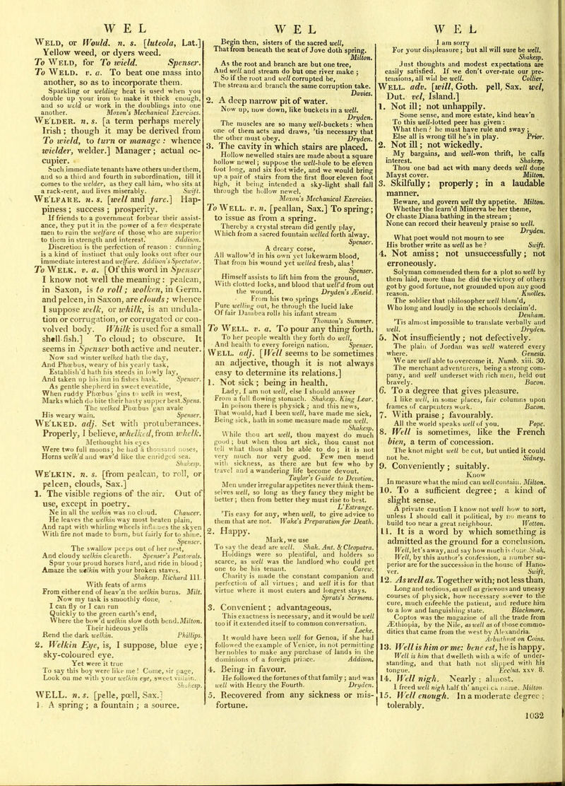 Weld, or Would, n. s. [luteola, Lat.] Yellow weed, or dyers weed. To Weld, for To wield. Spenser. To Weld. v. a. To beat one mass into another, so as to incorporate them. Sparkling or welding heat is used when you double up jour iron to make it thick enough, and so weld or work in the doublings into one another. Moxon's Mechanical Exercises. We lder, n. s. [a term perhaps merely Irish ; though it may be derived from To wield, to turn or manage : whence wielder, welder.] Manager; actual oc- cupier. Such immediate tenants have others under them, and so a third and fourth in subordination, till it comes to the welder, as they call hiiu, who sits at a rack-rent, and lives miserably. Swift. Welfare, m. s. [well and Jare.] Hap- piness ; success; prosperity. If friends to a government forbear their assist- ance, they put it in the power of a few desperate men to ruin the welfare of those_who are superior to them in strength and interest. Addison. Discretion is the perfection of reason : cunning is a kind of instinct that only looks out after our immediate interest and welfare. Addison's Spectatar. To Welk, v. a. [Of this word in S);e«ser I know not well the meaning: pealcan, in Saxon, is to roll; wolken, in Germ, and pelcen, in Saxon, are clouds; whence I suppose wtlk, or whilk, is an undula- tion or corrugation, or corrugated or con- volved body. Whilk is used for a small shell-fish.] To cloud; to obscure. It seems in Spenser both active and neuter. Now sad winter u'f/fced hath the day, And Phoebus, weary of his yearl y task, Eslablish'd hath his steeds in lowly lay. And taken up bis inn in fishes bask. Spenser. As gentle shepherd in sweet eventide. When ruddy Phoebus 'gins tn wclk in west, Marks which do bite their hasty supper best.Speirs. The welked Phoebus gan avale His weary wain. Spenser. We'lked. adj. Set witli protuberances. Properly, 1 believe, j/^Ac/Avi/, from whelk. lAIethought his eyes Were two full moons; he had .1 thousand noses, Horns welk'd and wav'd like the euridgcd sea. Shakes]). We'lkin. n. s. [from pealcan, to roll, or pelcen, clouds, Sax.] 1. The visible regions of the air. Out of use, except in poetry. Ne in all the welkin was no cloud. Chaucer. He leaves the welkin way most beaten plain, And rapt with whirling wheels infiaines the skyen With fire not made to burn, but fairly for to shine. Spenser. The swallow peeps out of her nest. And cloudy welkin clearetn. Spenser's Pastorals. Spur your proud horses hard, and ride in blood ; Amaze the wtlkin with your broken staves. Shakesj). Richard 111 With feats of arms From either end of heav'n the welkin burns. Milt. Now my task is smoothly done, I can fly or 1 can run Quickly to the green earth's end, Where the bow d welkin slow doth bt^nd.Milton. Their hideous yells Rend the dark welkin. Phillips. 2. Welkin Eye, is, I suppose, blue eye; sky-coloured eye. Yet were it true To say this boy were like me ! Conie, sir page. Look on me with your welkin eye, sweet villain, Shakesp. WELL. n. s. [pelle, poell. Sax.] 1 • A spring; a fountain ; a source. Begin then, sisters of the sacted well, That from beneath the seat of Jove doth spring. Milton. As the root and branch are but one tree. And well and stream do but one river make ; So if the root and welt corrupted be. The stream ar.d branch the same corruption take. Davies. 2. A deep narrow pit of water. Now up, now down, like buckets in a well. Dryden. The muscles are so many weH-buckets: when one of them acts and draws, 'tis necessary that the other must obey. Dryden. 3. The cavity in which stairs are placed. Hollow newelled stairs are made about a square hollow newel; suppose the well-ho\e to be eleven foot long, and six foot wide, and we would bring up a pair of stairs from the first floor eleven foot high, it being intended a sky-light shall fall through the hollow newel. Moxon's Mechanical Exercises. To Well. V. n. [peallan. Sax.] To spring; to issue as from a spring. Thereby a crystal stream did gently play. Which from a sacred fountain welled forth alway. Spenser, A dreary corse, All wallow'd in his own yet lukewarm blood. That from his wound yet welled fresh, alas ! Spenser. Himself assists to lift him from the ground. With clotted locks, and blood that tuef/'d from out the wound. Dryden's JEneid. From his two springs Pure welling out, he through the lucid lake Of fair Danibea rolls his infant stream Thomson's Summer. To Well. v. a. To pour any thing forth. To lier people wealth they forth do well. And health to every foreign nation. Spenser. Well. adj. [ff^e//seems to be sometimes an adjective, though it is not always easy to determine its relations.] 1. Not sick ; being in health. Lady, I am not loell, else I should answer From a full flowing stomach. Shakesp. King Lear. In poison there is physick ; and this news, That would, had I been well, have made me sick, Being sick, hath in some measure made me well. Shakesp. While thou art well, thou mayest do much good ; but when thou art sick, thou canst not tell what thou shalt be able to do ; it is not very much nor very good. Few men mend with sickness, as there are but few who by travel and a wandering life become devout. Taylor's Guide to Devotion. Men under irregular appetites never think them- selves well, so long as they fancy they might be better ; then from better they must rise to best. L'Estrange. 'Tis easy for any, vihenwell, to give advice to them that are not. Wake's Preparation for Death. 2. Happy. Mark, we use To say the dead are well. Shak. Ant. (Jf Cleopatra. Holdings were so plentiful, and holders so scarce, as well was the landlord who could get one to be his tenant. Carew. Charity is made the constant companion and perfection of ail virtues; and well it is for that virtue where it most enters and longest stays. Sprats's Sermons. 3. Convenient; advantageous. This exactness is necessary, and it would be well too if it extended itself to common conversation. Locke. It would have been well for Genoa, if she had followed the example of Venice, in not permitting hernobles to make any purchase of lands in the dominions of a foreign prince. Addison, 4. Being in favour. He followed the fortunes of that family; and was well with Henry the Fourth. Dryden. 5. Recovered from any sickness or mis- fortune. 1 aui sorry For your displeasure; out all will sure be well, Shakesp. •lust thoughts and modest expectations are easily satisfied. If we don't over-rate our pre- tensions, all will be well. Collier. Well. adv. [will, Goth, pell. Sax. wel, Dut. vel. Island.] 1. Not ill; not unhappily. Some sense, and more estate, kind heav'n To this uieH-lotted peer has given : What then .'' he must have rule and sway ; Else all is wrong till he's in play. Prior. 2. Not ill; not wickedly. My bargains, and wH-won thrift, he calls interest. Shakesp, Thou one bad act with many deeds well done Mayst cover. Miltm. 3. Skilfully; properly; in a laudable manner. Beware, and govern well thy appetite. Miltm, Whether the learn'd Minerva be her theme, Or chaste Diana bathing in the stream ; None can record their heavenly praise so well. Dryden. What poet would not mourn to see His brother write as well as he ? Stuift. 4. Not amiss; not unsuccessfully; not erroneously. Solyman commended tliein for a plot so well by them laid, more than he did the victory of others got by good fortune, not grounded upon any good reason. Rnolles. The soldier that philosopher well blam'd, Who long and loudly in the schools declaim'd. Denliam. 'Tis almost impossible to translate verbally and well. Dryden. 5. Not insufficiently; not defectively. The plain of Jordan was well watered every where. Genesis. We are wfZi able to overcome it. Numb. xiii. 30. The merchant adventurers, being a strong com- pany, and roell underset with rich men, held out bravely. Bacon. 6. To a degree that gives pleasure. 1 like well, in some places, fair columns upon frames of carpenters work. Bacon. 7. With praise ; favourably. All the world speaks loelloi you. Pope. 8. Well is sometimes, like the French bien, a term of concession. The knot might well be cut, but untied it could not be. Sidney. 9. Conveniently; suitably. Know In measure what the mind can wellcontatn. Milton. 10. To a sufficient degree; a kind of slight sense. A private cautiim I know not well how to sort, unless I should call it political, by i]o means to build too near a great neighbour. Wotton, 11. It is a word by which something is admitted as the ground for a conclusion. Well, let's away, and say how much is done.&//a/c. Well, by this author's confession, a number su- perior are for the succession in the house of Hano- ver. Swift. 12. weWas. Together with; notlessthan. Long and tedious, as well as grievous and uneasy courses of pliysick, how necessary soever to the cure, much enfeeble the patient, and reduce him to a low and languishing state. Blackmore. Coptos was the magazine of all the trade from jEthiopia, by the Nile, as well as of those commo- dities that came from the west by Alexandria. Arbuihvot on Coins. 1:3. Wellis him orme: Jenp he is happy. Well is him that dwelleth with a wife of under- standing, and that hath not slipped with his tongue. Ecclus. xxv. 8. 14. Well nigh. Nearly ; almost. 1 freed well nigh half th' angel ck luime. Milton- 15. Well enough. In a moderate degree ; tolerably.