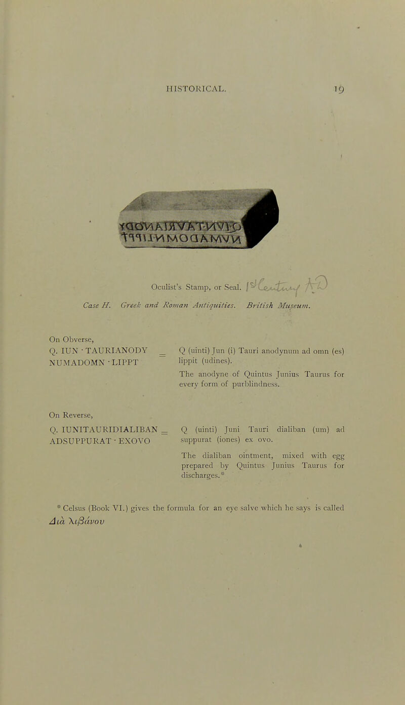 \ IVMSA O a A MVM Oculist's Stamp, or Seal. / ^'^e^t-I^Zvt-y' /r^3 Case H. Greek and Roiiiati Antiquities. British Museum. On Obverse, Q. lUN • TAURIANODY ^ Q (uinti) Jun (i) Tauri anodynum ad omn (es) NUMADOMN-LIPPT lippit (udines). The anodyne of Quintiis Junius Taurus for every form of purblindness. On Reverse, Q. lUNITAURIDIALIBAN ^ Q (uinti) Juni Tauri dialiban (um) ad ADSUPPURAT • EXOVO suppurat (iones) ex ovo. The dialiban ointment, mixed with egg prepared liy Quintus Junius Taurus for discharges. *' * Celsus (Book VI.) gives the formula for an eye salve which he says is called A La Xi/Sdvov