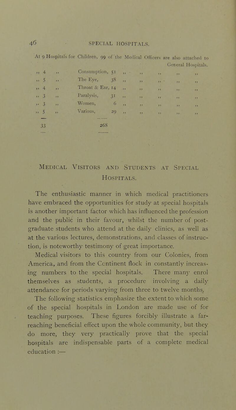At 9 Hospitals for Children, 99 of the Medical Officers are also attached to General Hospitals. 4 ,. 5 .. 4 >• 3 5 Consumption, 51 The Eye, 38 Tliroat & Ear, 14 Paralysis, 31 Women, 6 Various, 29 33 268 Medical Visitors and Students at Special Hospitals. The enthusiastic manner in which medical practitioners have embraced the opportunities for study at special hospitals is another important factor which has influenced the profession and the public in their favour, whilst the number of post- graduate students who attend at the daily clinics, as well as at the various lectures, demonstrations, and classes of instruc- tion, is noteworthy testimony of great importance. Medical visitors to this country from our Colonies, from America, and from the Continent flock in constantly increas- ing numbers to the special hospitals. There man}^ enrol themselves as students, a procedure involving a daily attendance for periods varying from three to twelve months. The following statistics emphasize the extent to which some of the special hospitals in London are made use of for teaching purposes. These figures forcibly illustrate a far- reaching beneficial effect upon the whole community, but they do more, they very practically prove that the special hospitals are indispensable parts of a complete medical education :—
