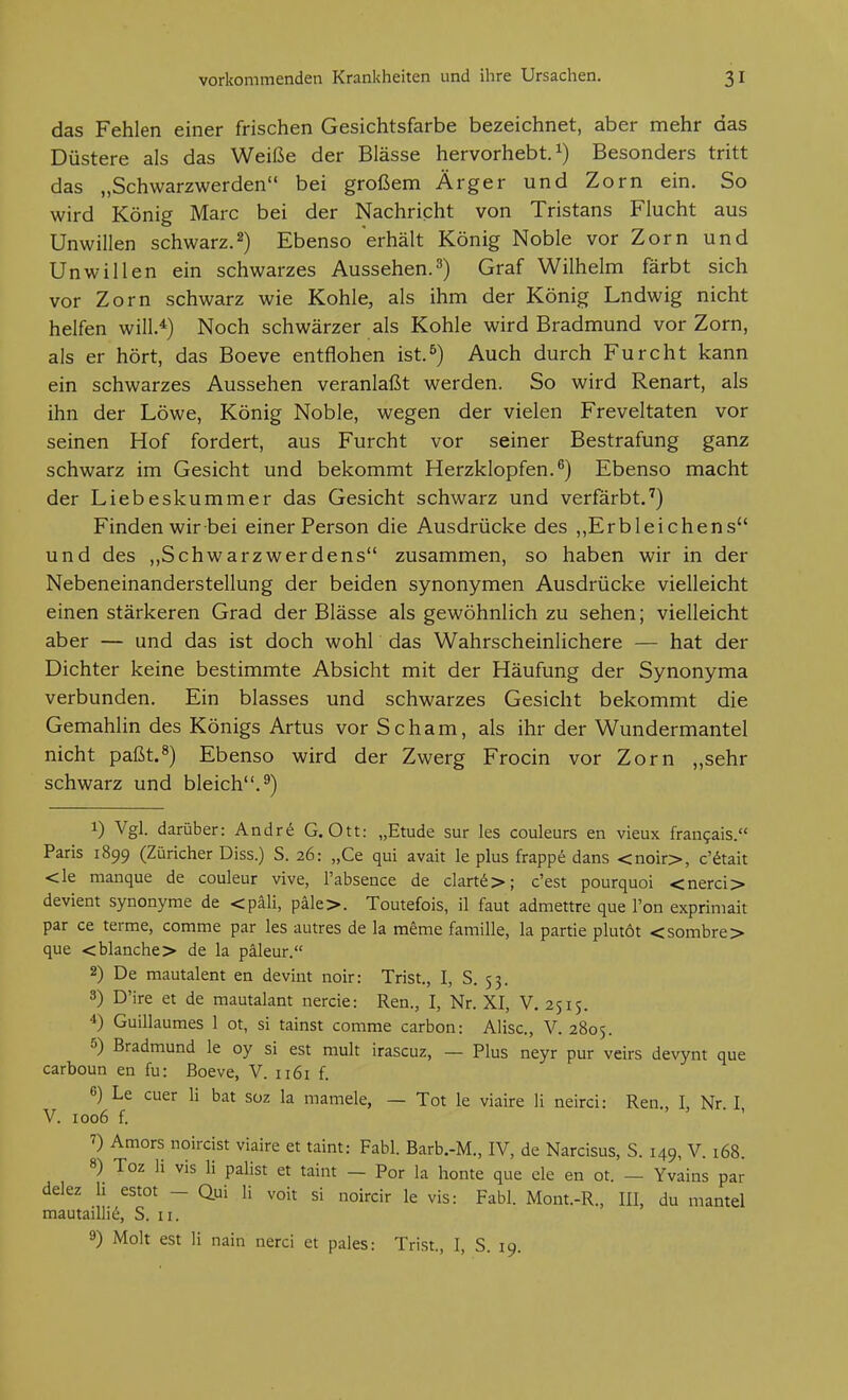 das Fehlen einer frischen Gesichtsfarbe bezeichnet, aber mehr das Düstere als das Weiße der Blässe hervorhebt.^) Besonders tritt das „Schwarzwerden bei großem Ärger und Zorn ein. So wird König Marc bei der Nachricht von Tristans Flucht aus Unwillen schwarz.2) Ebenso erhält König Noble vor Zorn und Unwillen ein schwarzes Aussehen.3) Graf Wilhelm färbt sich vor Zorn schwarz wie Kohle, als ihm der König Ludwig nicht helfen will.*) Noch schwärzer als Kohle wird Bradmund vor Zorn, als er hört, das Boeve entflohen ist.^) Auch durch Furcht kann ein schwarzes Aussehen veranlaßt werden. So wird Renart, als ihn der Löwe, König Noble, wegen der vielen Freveltaten vor seinen Hof fordert, aus Furcht vor seiner Bestrafung ganz schwarz im Gesicht und bekommt Herzklopfen.^) Ebenso macht der Liebeskummer das Gesicht schwarz und verfärbt.'') Finden wir bei einer Person die Ausdrücke des ,,Erbleichens und des ,,Schwarzwerdens zusammen, so haben wir in der Nebeneinanderstellung der beiden synonymen Ausdrücke vielleicht einen stärkeren Grad der Blässe als gewöhnlich zu sehen; vielleicht aber — und das ist doch wohl das Wahrscheinlichere — hat der Dichter keine bestimmte Absicht mit der Häufung der Synonyma verbunden. Ein blasses und schwarzes Gesicht bekommt die Gemahlin des Königs Artus vor Scham, als ihr der Wundermantel nicht paßt.8) Ebenso wird der Zwerg Frocin vor Zorn „sehr schwarz und bleich.^) 1) Vgl. darüber: Andr^ G.Ott: „Etüde Sur les couleurs en vieux fran^ais. Paris 1899 (Züricher Diss.) S. 26: „Ce qui avait le plus frappe dans <noir>, c'^tait <le manque de couleur vive, l'absence de clart6>; c'est pourquoi <nerci> devient synonyme de <päli, päle>. Toutefois, il faut admettre que Ton exprimait par ce terme, comme par les autres de la meme famille, la partie plutöt <sombre> que < blanche> de la päleur. 2) De mautalent en devint noir: Trist., I, S. 53. 3) D'ire et de mautalant nercie: Ren., I, Nr. XI, V. 2515. 4) Guillaumes 1 ot, si tainst comme carbon: Alisc, V. 2805. 5) Bradmund le oy si est rault irascuz, — Plus neyr pur veirs devynt que carboun en fu: Boeve, V. 1161 f. 6) Le euer Ii bat soz la mamele, — Tot le viaire Ii neirci: Ren., I, Nr. I V. 1006 f. ' 7) Amors noircist viaire et taint: Fabl. Barb.-M., IV, de Narcisus, S. 149, V. 168. 8) Toz Ii vis Ii palist et taint — Por la honte que cle en ot. — Yvains par delez h estot - Q.ui Ii voit si noircir le vis: Fabl. Mont.-R., III, du mantel mautailli^, S. u. 9) Molt est Ii nain nerci et pales: Trist., I, S. 19.