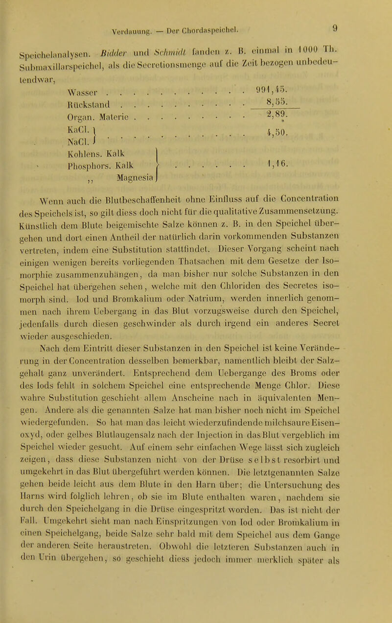 Spoichelanalyscn. Bidder und Scinnidl. laiukMi z. ». dnnw.l in 1000 Th. Submaxilhu-speichol, als die Socrctionsmcnge auf die Zeil bezogen unbedeu- lendwar, Wasser 'J^'^^''^- Rückstand ^>^'^- Organ. Materie ''^)^^- KaCl. 1 4^50. NaCl. i Kohlens. Kalk | Phosphors. Kalk \ '1,16- Magnesia Wenn auch die Blutbeschaffenheit ohne Einfluss auf die Concentration des Speichels ist, so gilt diess doch nicht für die qualitative Zusammensetzung. Künstlich dem Blute beigemischte Salze können z. B. in den Speichel über- gehen und dort einen Antheil der natürlich darin vorkonuuenden Substanzen vertreten, indem eine Substitution stattfindet. Dieser Vorgang scheint nach einigen wenigen bereits vorliegenden Thatsachen mit dem Gesetze der Iso- morphie zusammenzuhängen, da man bisher nur solche Substanzen in den Speichel hat übergehen sehen, welche mit den Chloriden des Secretes iso- morph sind, lod und Bromkalium oder Natrium, werden innerlich genom- men nach ihrem Uebergang in das Blut vorzugsweise durch den Speichel, jedenfalls durch diesen geschwinder als durch irgend ein anderes Secrel wieder ausgeschieden. Nach dem Eintritt dieser Substanzen in den Speichel ist keine Verände- rung in der Concentration desselben bemerkbar, namentlich bleibt der Salz- gehalt ganz unverändert. Entsprechend dem Uebergange des Broms oder des lods fehlt in solchem Speichel eine entsprechende Menge Chlor. Diese wahre Substitution geschieht allem Anscheine nach in äquivalenten Men- gen. Andere als die genannten Salze hat man bisher noch nicht im Speichel wiedergefunden. So hat man das leicht wiederzufindende milchsaure Eisen- oxyd, oder gelbes Blutlaugensalz nach der Injection in das Blut vergeblich im Speichel wieder gesucht. Auf einem sehr einfachen Wege lässt sich zugleich zeigen, dass diese Substanzen nicht von der Drüse selbst resorbirt und umgekehrt in das Blut übergeführt werden können. Die letztgenannten Salze gehen beide leicht aus dem Blute in den Harn über; die Untersuchung des Harns wird folglich lehren, ob sie im Blute enthalten waren, nachdem sie durch den Speichclgang in die Drüse eingespritzt worden. Das ist nicht der Fall. Umgekehrt sieht man nach Einspritzungen von lod oder Bromkaliuni in einen Speichelgang, beide Salze sehr bald mit dem Speichel aus dem Gange der anderen Seite heraustreten. Obwohl di(< letzleren Substanzen auch in den Urin übergehen, so geschieht diess jedoch inuuer merklich später als