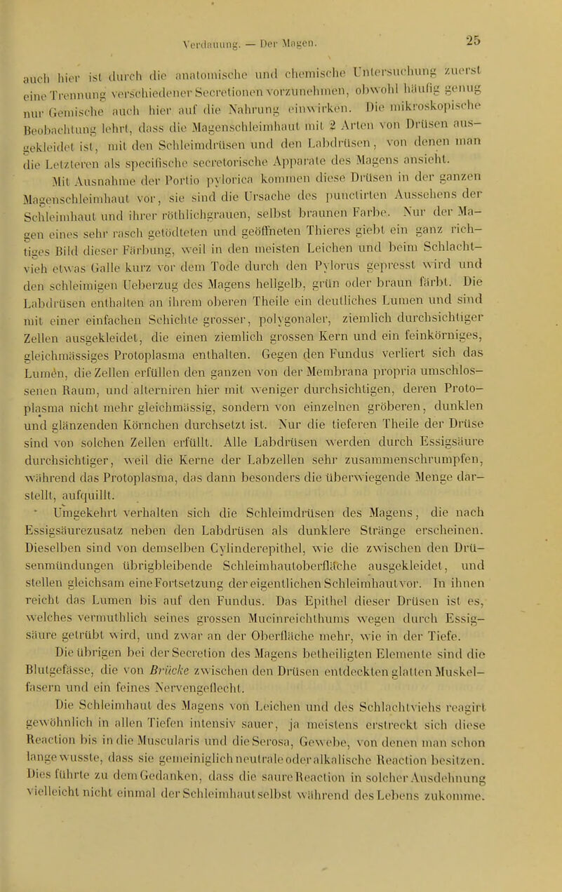 A'ortiaiuing. — Der Miii^cn. auch hier ist durch die annloinischo und cliemische Untersuchung zuerst eine Trennung verschiedener Secrelionen voryAmehmen, ob^^■olll liiiufia genug nur Gemische auch hier auf die Nahrung einwirken. Die Miikroskoi)ische BeobaohtLuig lehrt, dass die Magenschleimhaut mit 2 Arten von Drüsen aus- gekleidet ist, mit den Schleimdrüsen und den Lalxlrüsen, von denen man die Letzteren als specifische secrelorische A|)parate des Magens ansieht. Mit Ausnahme der Portio pylorica kommen diese Drüsen in der ganzen Magenschleimhaut vor, sie sind die Ursache des ])unctirten Aussehens der Schleindiaut und ihrer rölhlichgrauen, selbst braunen Farbe. Nur der Ma- gen eines sehr rasch getödteten und geöffneten Thieres giebt ein ganz rich- tiues Bild dieser Färbung, weil in den meisten Leichen und beim Schlacht- vieh etwas Galle kurz vor dem Tode durch den Pylorus gepresst wird und den schleimigen Uel)erzug des Magens hellgelb, grün oder braun färbt. Die Labdrüson enthalten an ihrem oberen Theile ein deutliches Lun)en und sind mit einer einfachen Schichte grosser, polygonaler, ziemlich durchsichtiger Zellen ausgekleidet, die einen ziemlich grossen Kern und ein feinkörniges, gleichmässiges Protoplasma enthalten. Gegen ^en Funclus verliert sich das Lumön, die Zellen erfüllen den ganzen von der Membrana propria umschlos- senen Raum, und allerniren hier mit weniger durchsichtigen, deren Proto- plasma nicht mehr gleichmässig, sondern von einzelnen gröberen, dunklen und glänzenden Körnchen durchsetzt ist. Nur die tieferen Theile der Drüse sind von solchen Zellen erfüllt. Alle Labdiüsen werden durch Essigsäure durchsichtiger, weil die Kerne der Labzellen sehr zusammenschrumpfen, während das Protoplasma, das dann besonders die überwiegende Menge dar- stellt, aufquillt. ' Umgekehrt verhalten sich die Schleimdrüsen des Magens, die nach Essigsäurezusatz neben den Labdrüsen als dunklere Stränge erscheinen. Dieselben sind von demselben Cylinderepithel, wie die zwischen den Drü- senmündungen übrigbleibende Schleimhauloberfläche ausgekleidet, und stellen gleichsam eineFortsetzung der eigentlichen Schleimhaut vor. \n ihnen reicht das Lumen bis auf den Fundus. Das Epithel dieser Drüsen ist es, welches vermuthlich seines grossen Mucinreichthums w'egen durch Essig- säure getrübt wird, und zwar an der Oberfläche mehr, wie in der Tiefe. Die übrigen bei derSecretion des Magens betheiligten Elemente sind die Blutgefässe, die von Brücke zwischen den Drüsen entdeckten slatlen Muskel- fasern und ein feines Nen'engeflecht. Die Schleimhaut des Magens von L<>ichen und des Schlachtviehs reagirt gewöhnlich in allen Tiefen intensiv sauer, ja meistens ersti-eckl sich diese Reaction bis in die Muscularis und die Serosa, Gewebe, von denen man schon langewusste, dass sie gemeiniglichneutraleoderalkalische Reaction besitzen. Dies führte zu dem Gedanken, dass die saure Reaction in solcher Ausdehnung vielleicht nicht einmal der Schleimhaut selbst während des Lebens zukonnne.